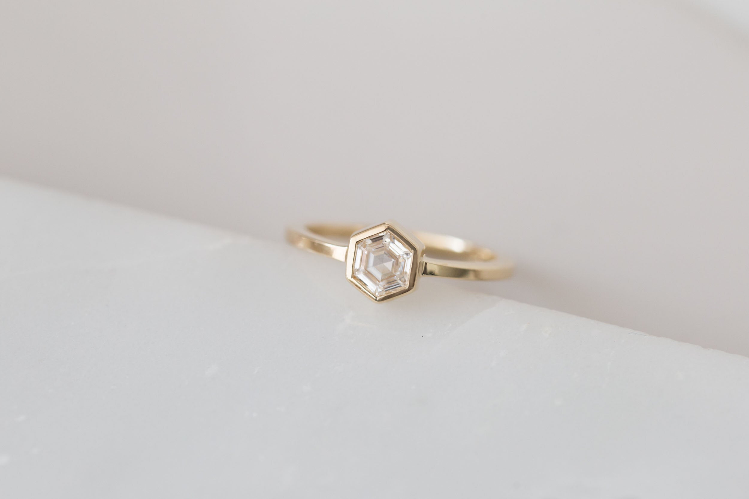 Avens Ring | Hexagon Step Cut Diamond Solitaire | 14k Recycled Gold | One of a Kind