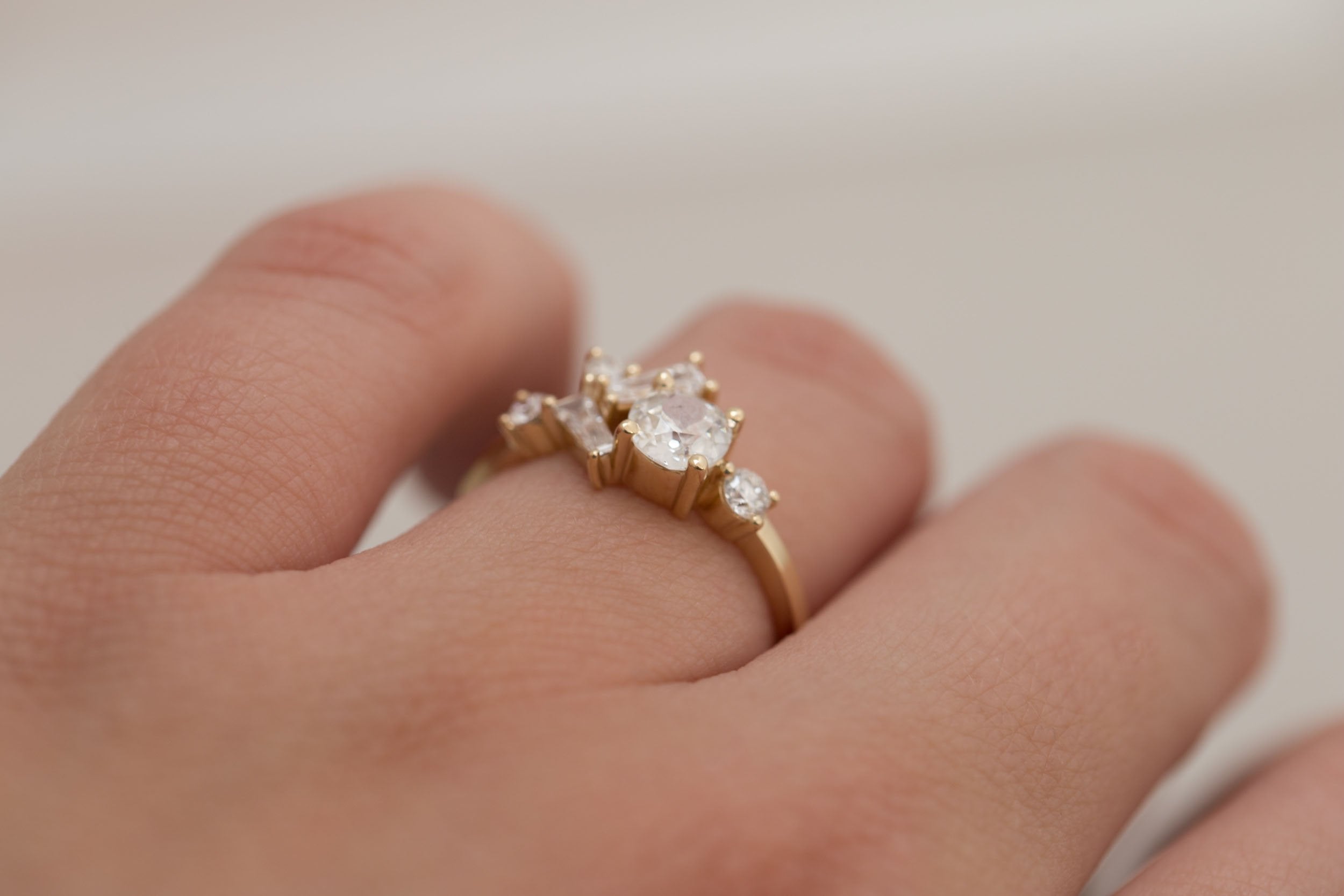 Rowan Ring | Old European Cut Diamond + Diamond Cluster Engagement Ring 0.53 ct | 14k Recycled Gold | One of a Kind