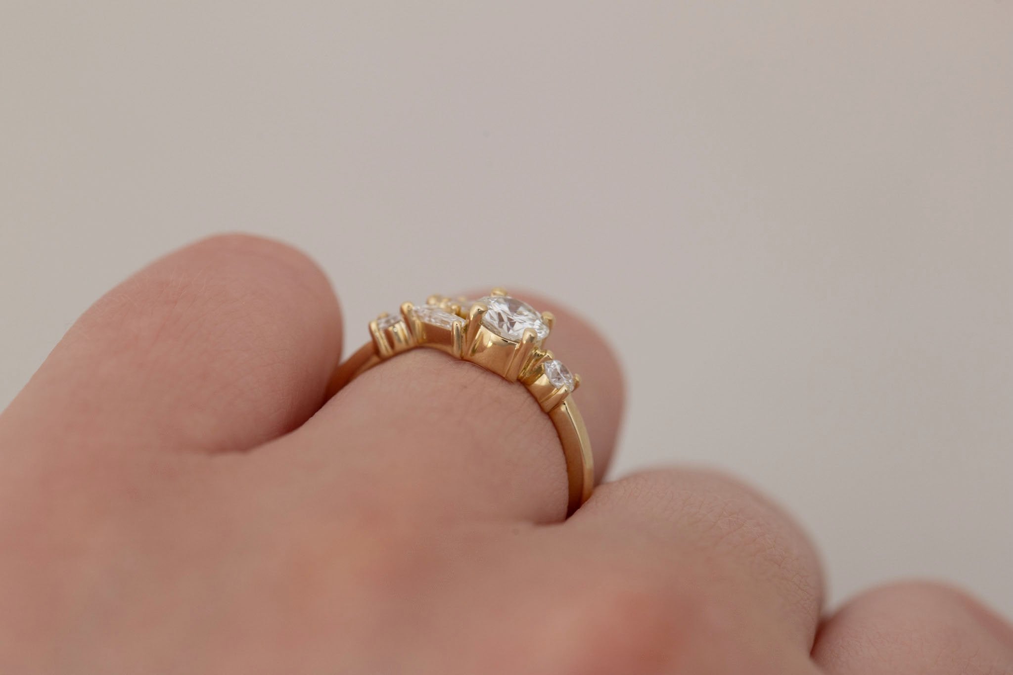 Rowan Ring | Transitional Cut Diamond + Diamond Cluster Engagement Ring 0.55 ct | 14k Recycled Gold | One of a Kind