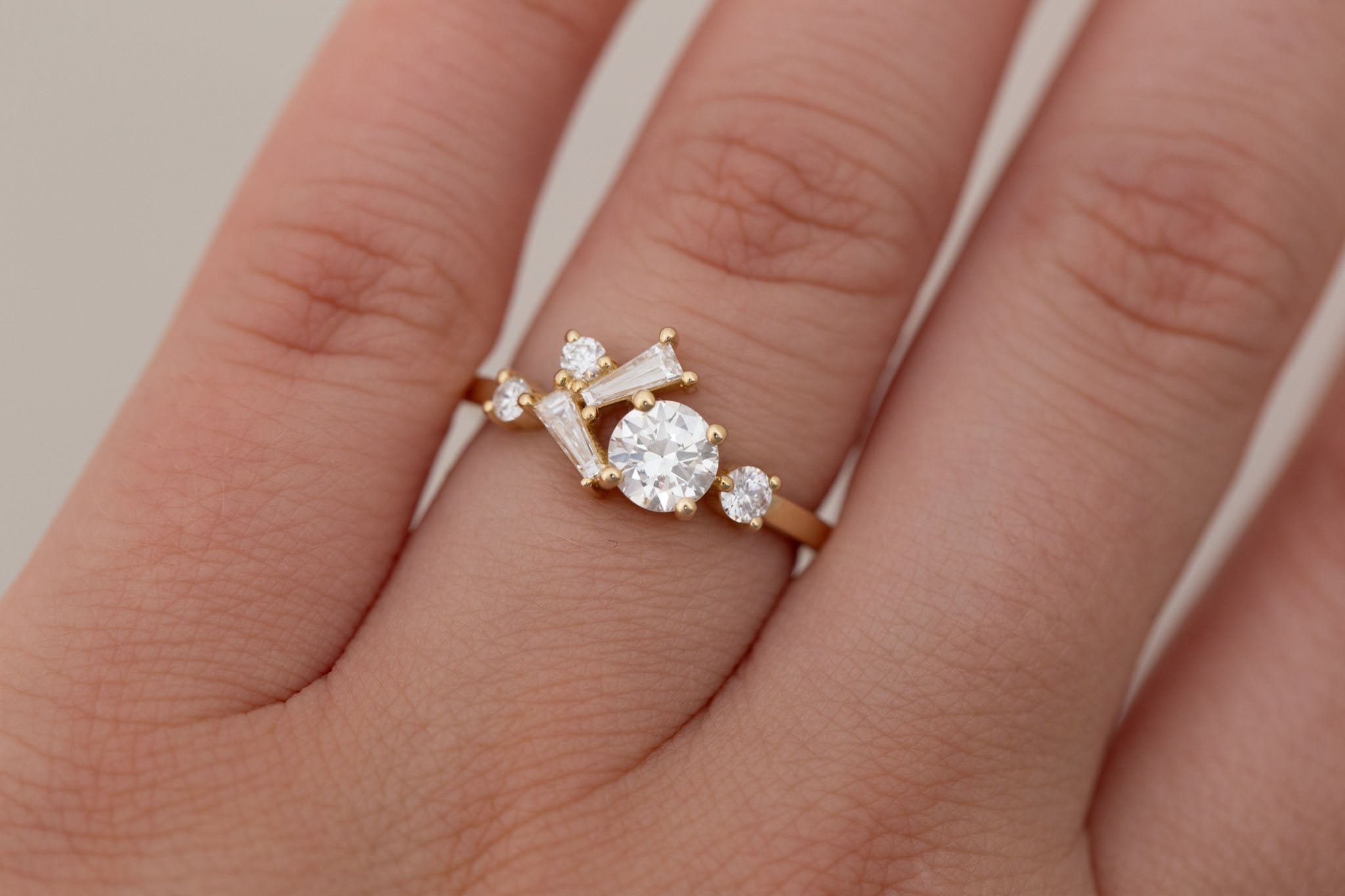 Rowan Ring | Transitional Cut Diamond + Diamond Cluster Engagement Ring 0.55 ct | 14k Recycled Gold | One of a Kind
