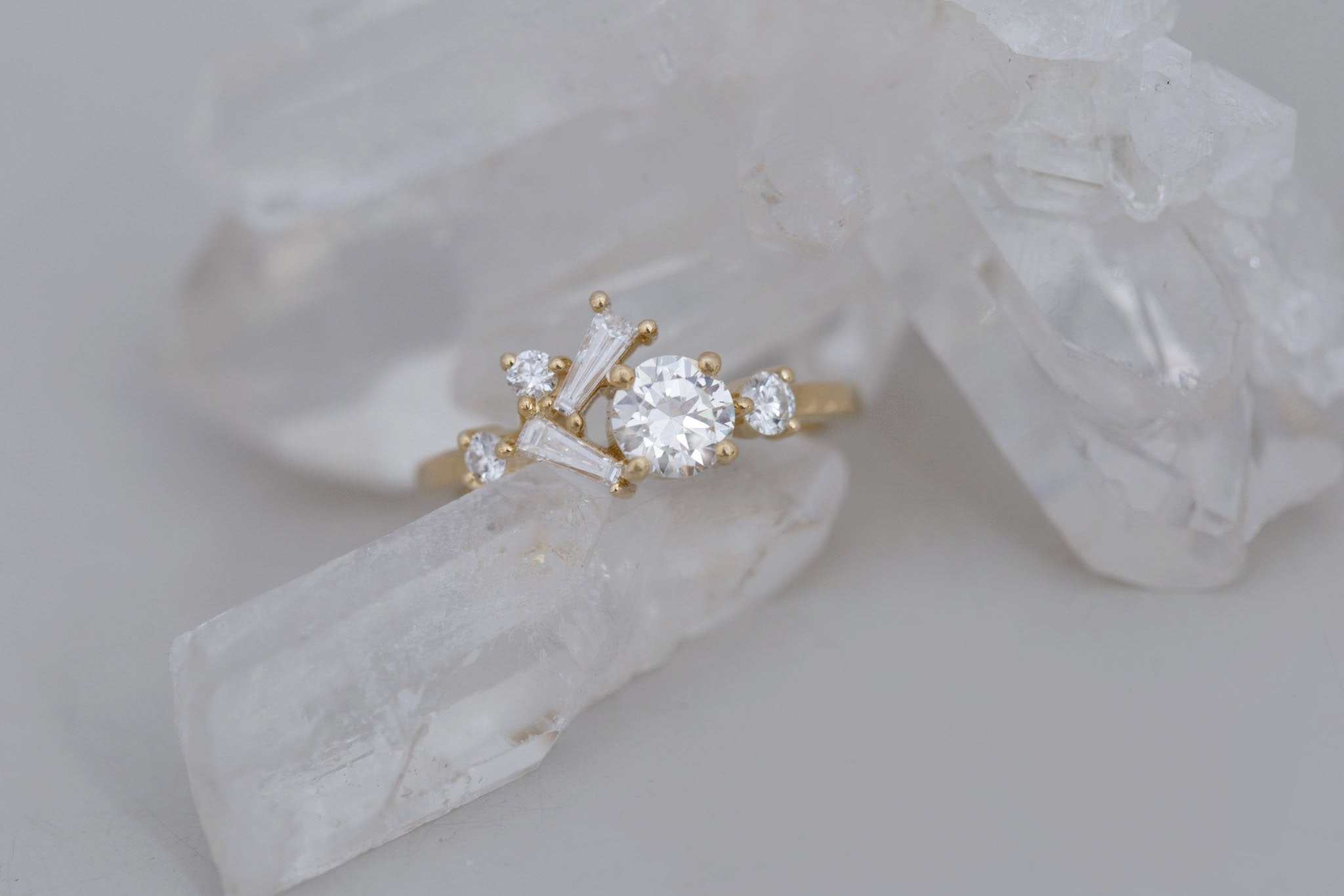 Rowan Ring | Transitional Cut Diamond + Diamond Cluster Engagement Ring 0.55 ct | 14k Recycled Gold | One of a Kind