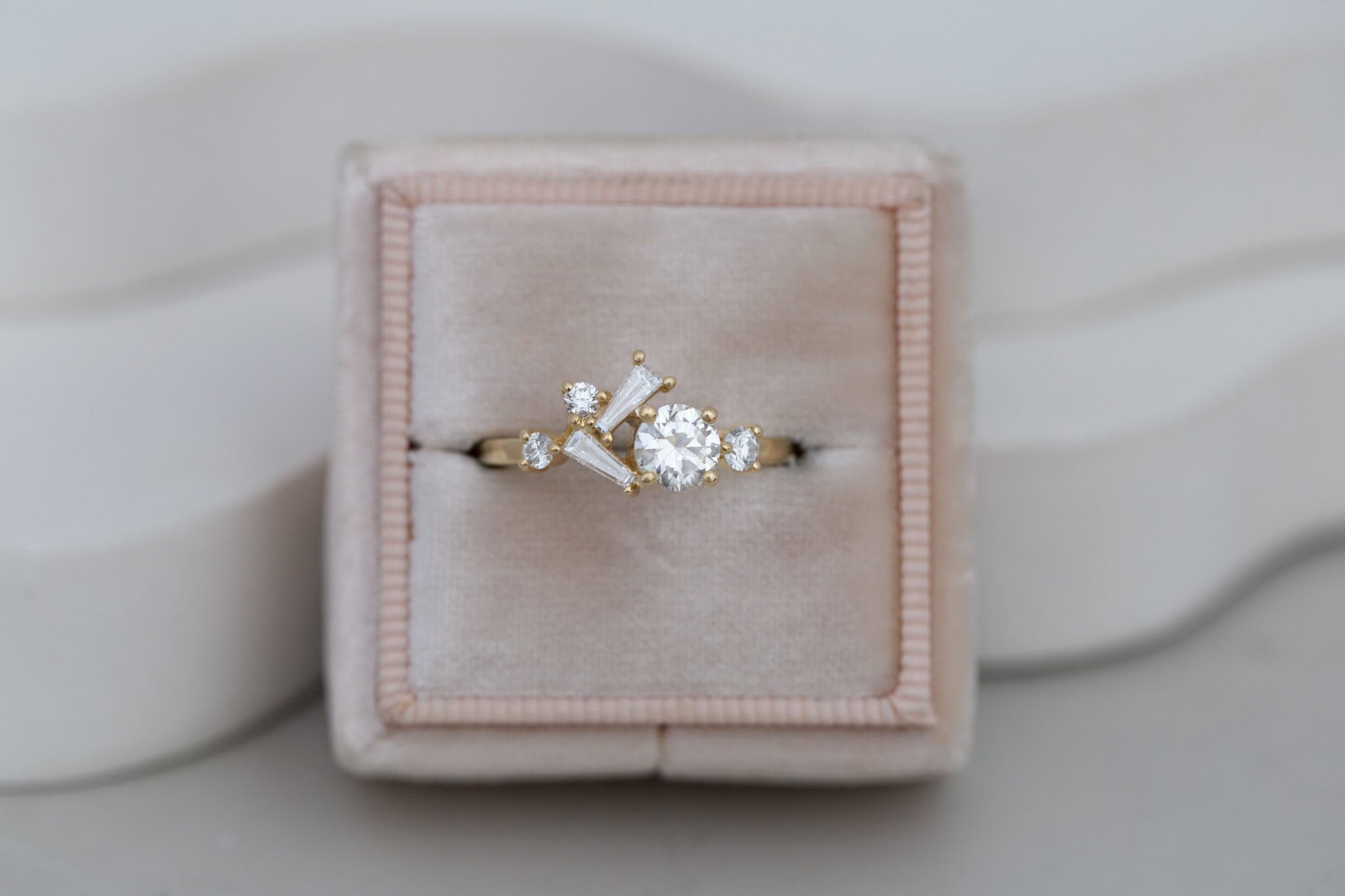 Rowan Ring | Transitional Cut Diamond + Diamond Cluster Engagement Ring 0.55 ct | 14k Recycled Gold | One of a Kind