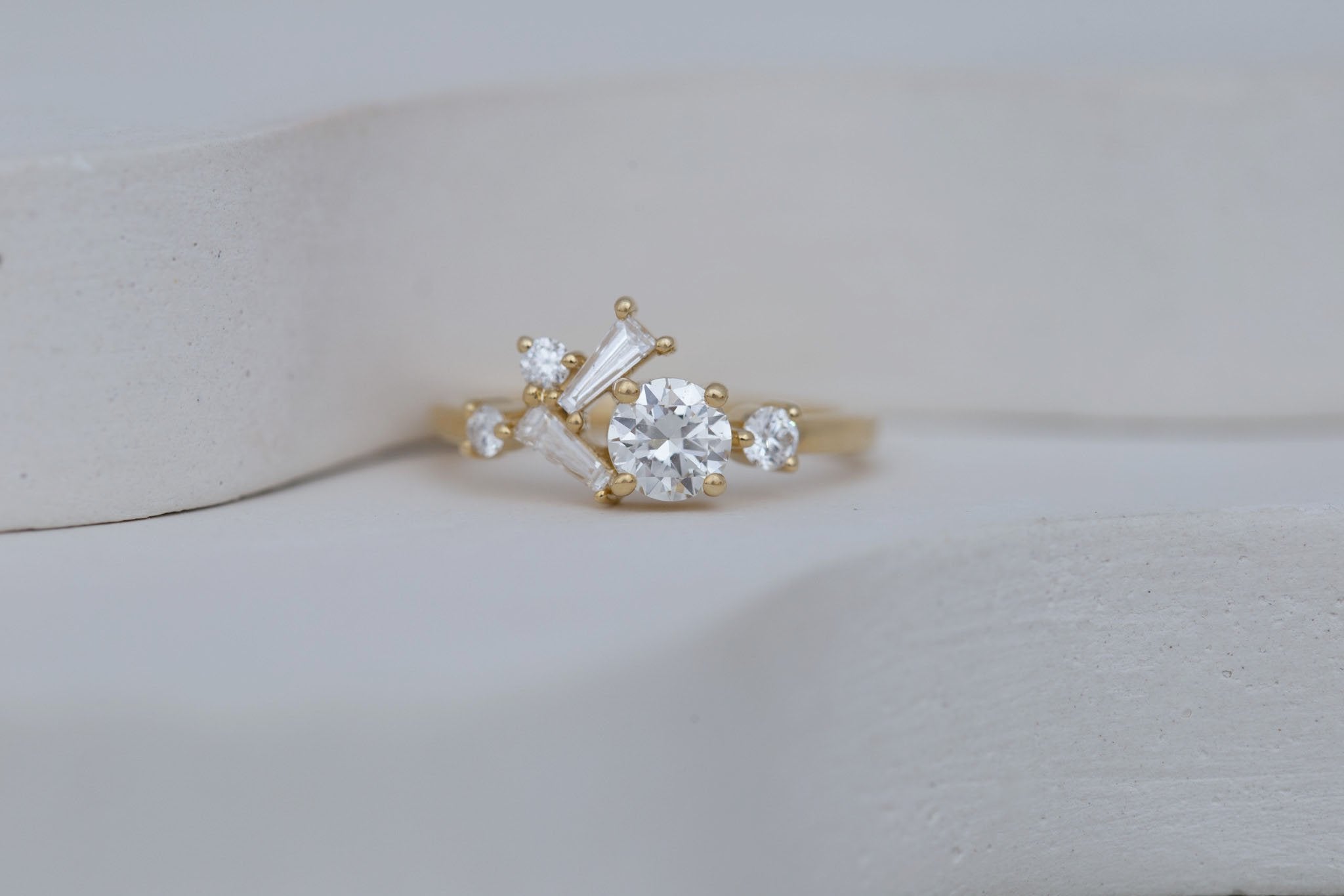 Rowan Ring | Transitional Cut Diamond + Diamond Cluster Engagement Ring 0.55 ct | 14k Recycled Gold | One of a Kind