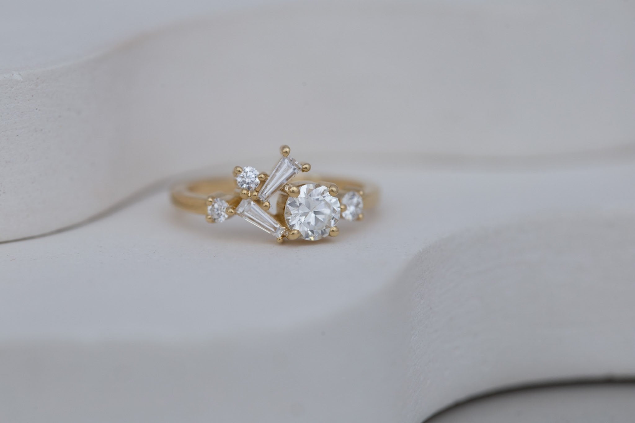 Rowan Ring | Transitional Cut Diamond + Diamond Cluster Engagement Ring 0.55 ct | 14k Recycled Gold | One of a Kind