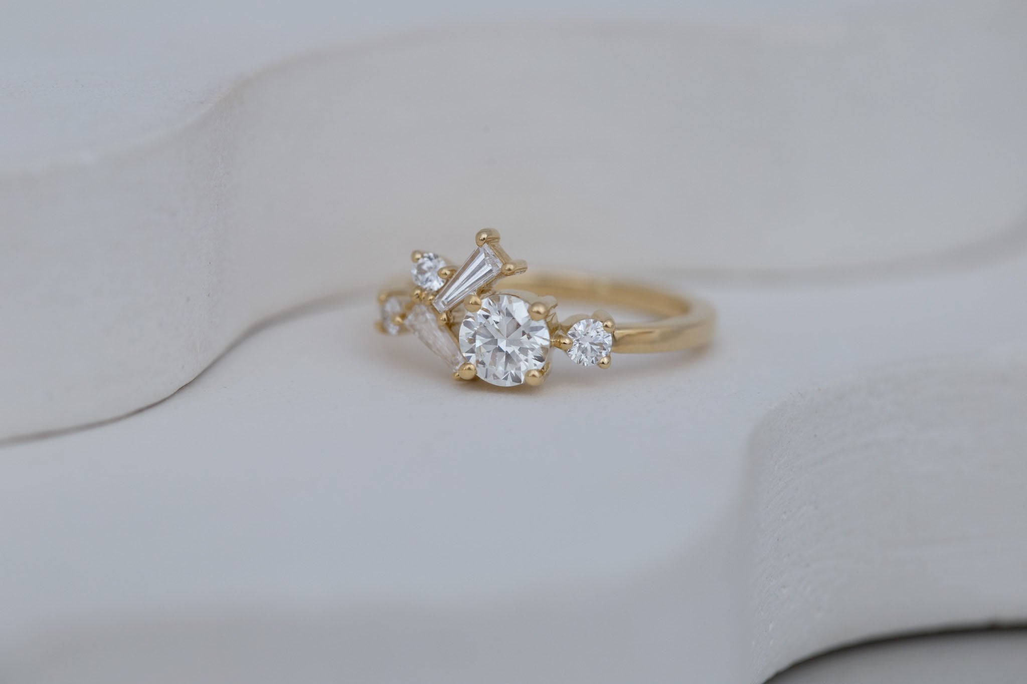 Rowan Ring | Transitional Cut Diamond + Diamond Cluster Engagement Ring 0.55 ct | 14k Recycled Gold | One of a Kind