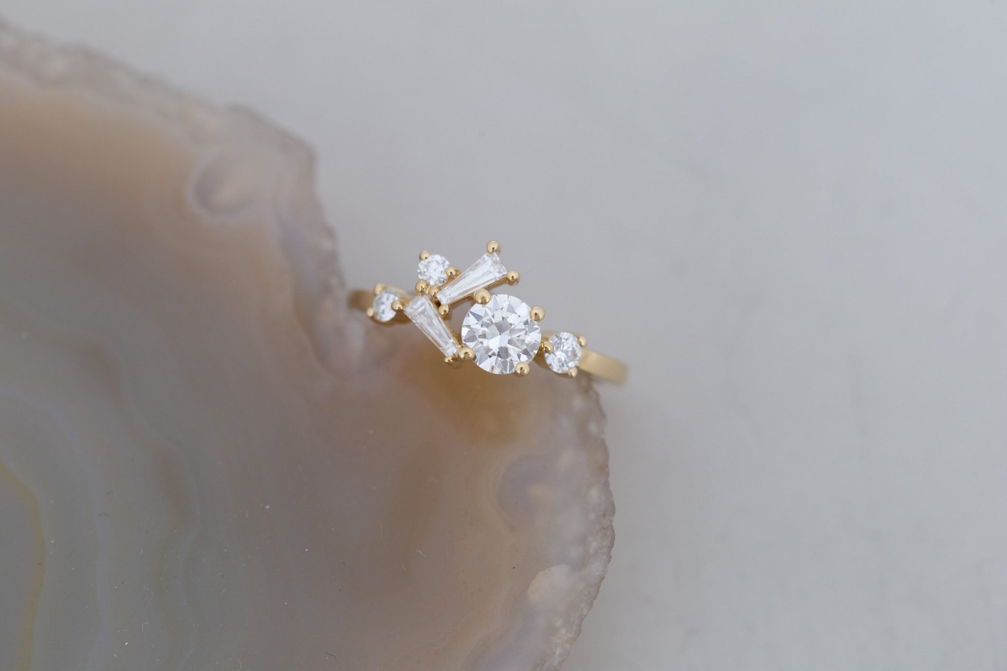 Rowan Ring | Transitional Cut Diamond + Diamond Cluster Engagement Ring 0.55 ct | 14k Recycled Gold | One of a Kind