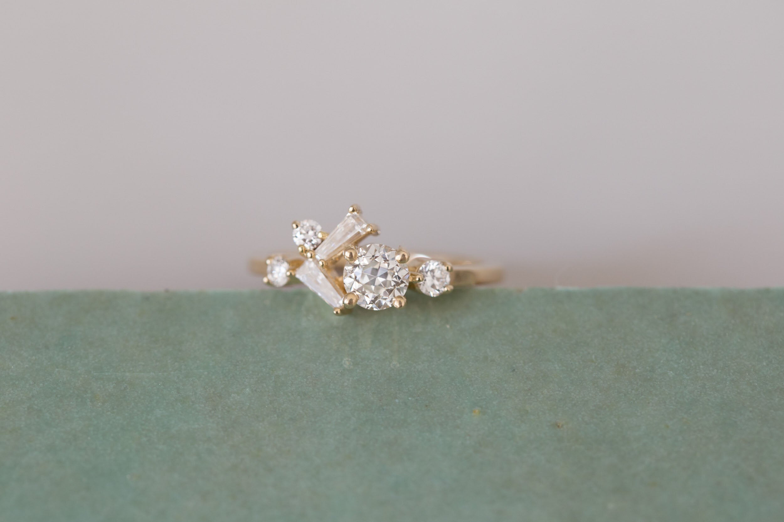 Rowan Ring | Old European Cut Diamond + Diamond Cluster Engagement Ring 0.59 ct | 14k Recycled Gold | One of a Kind