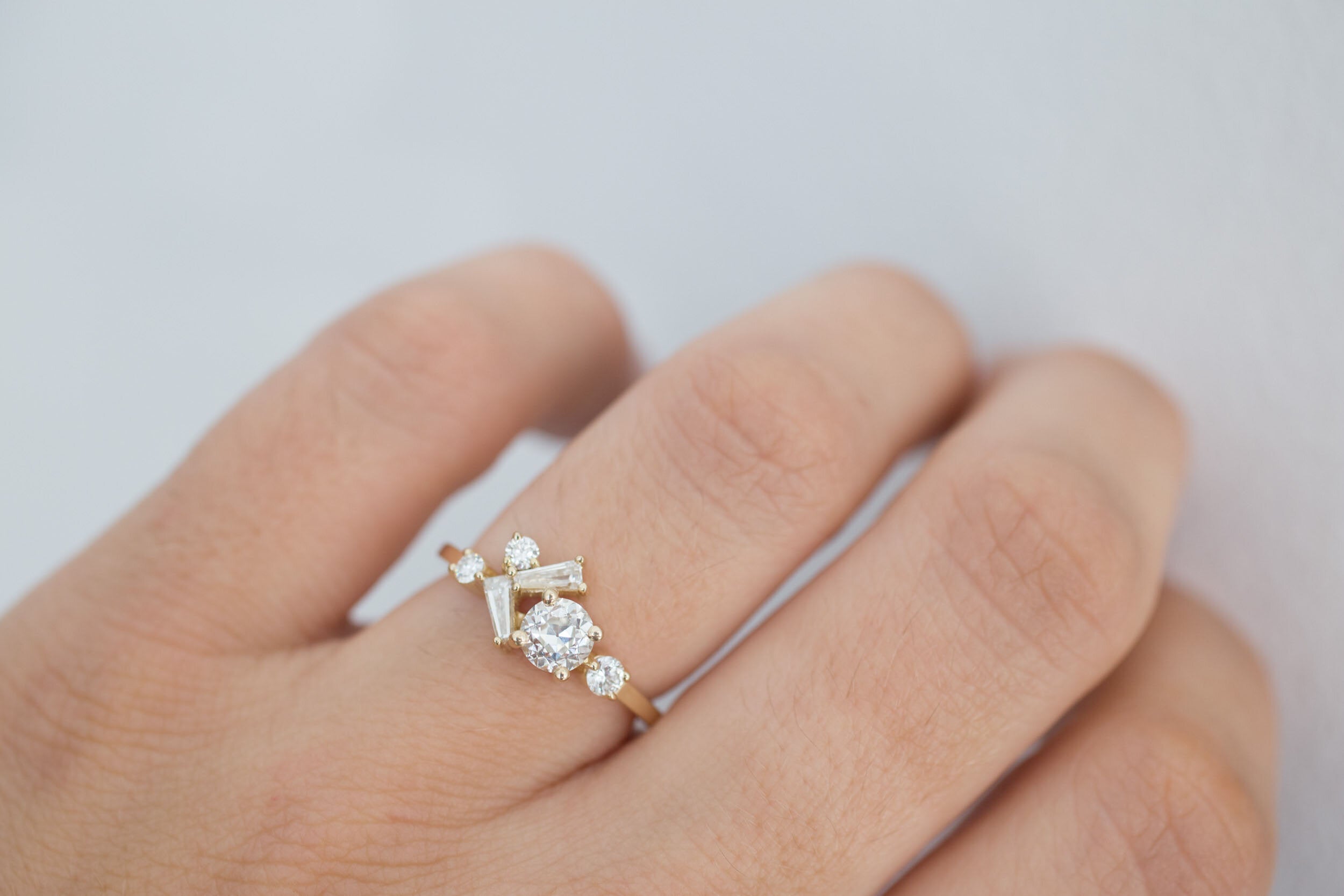 Rowan Ring | Old European Cut Diamond + Diamond Cluster Engagement Ring 0.59 ct | 14k Recycled Gold | One of a Kind