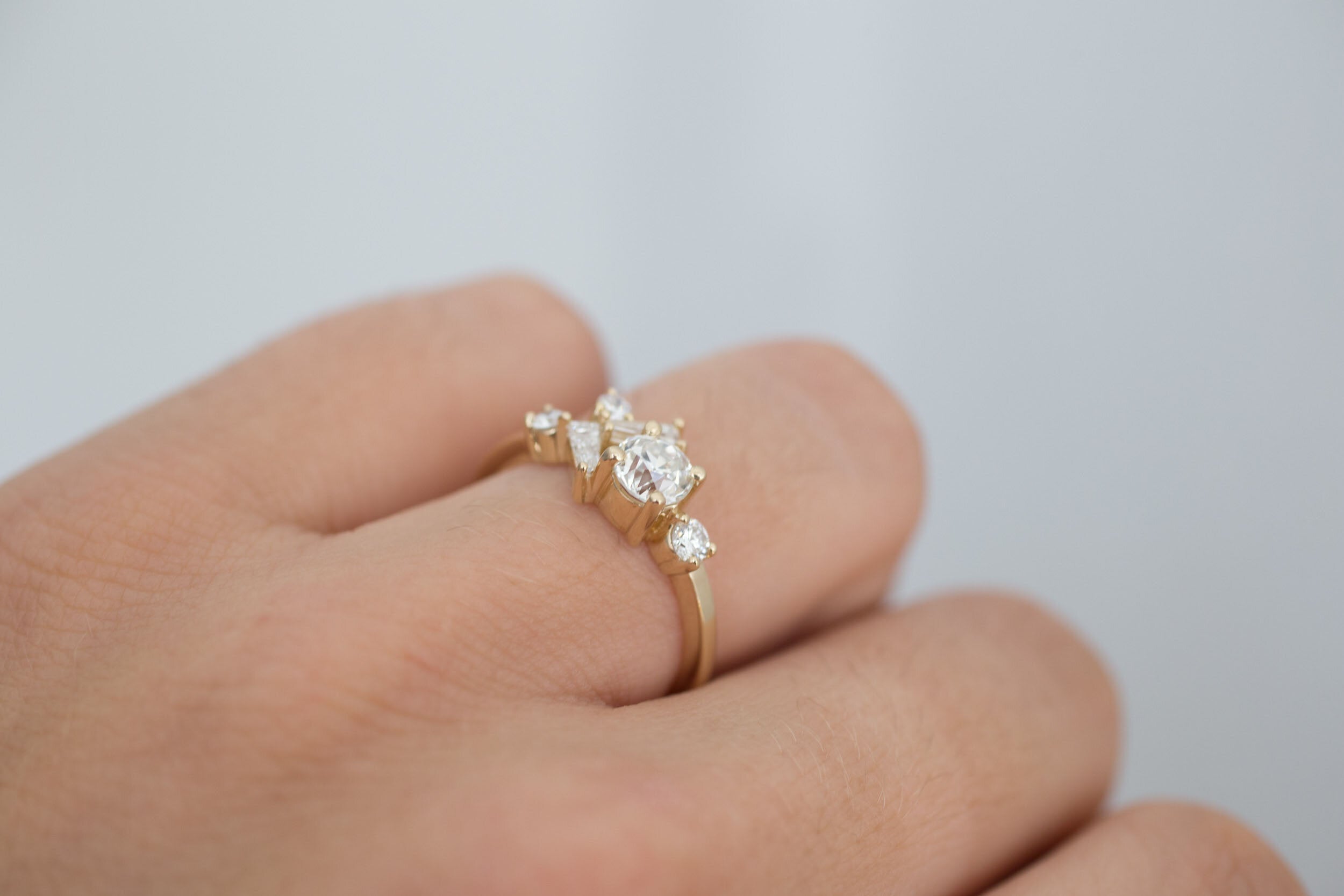 Rowan Ring | Old European Cut Diamond + Diamond Cluster Engagement Ring 0.59 ct | 14k Recycled Gold | One of a Kind