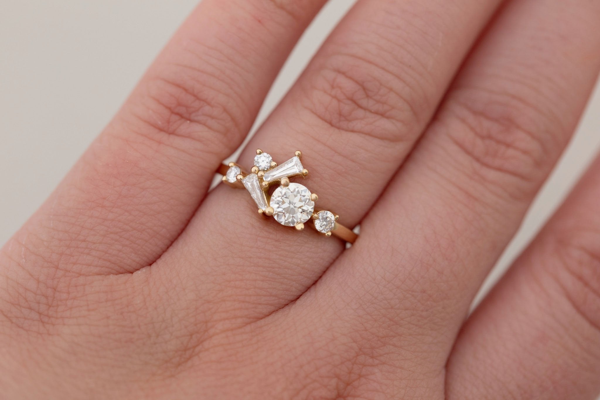 Rowan Ring | Old European Cut Diamond + Diamond Cluster Engagement Ring 0.60 ct | 14k Recycled Gold | One of a Kind