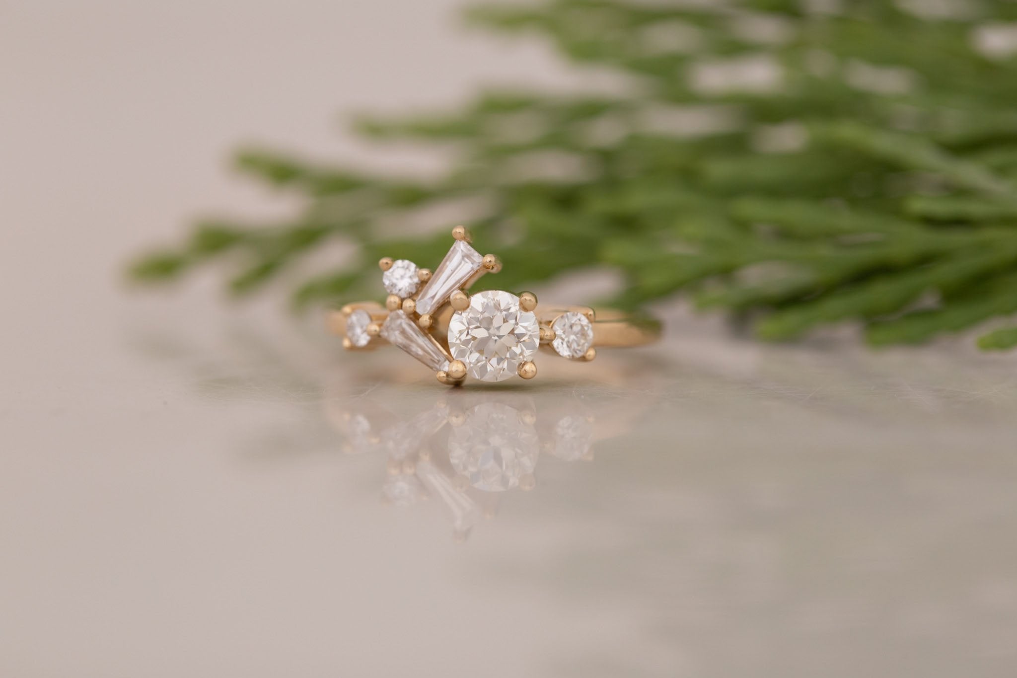 Rowan Ring | Old European Cut Diamond + Diamond Cluster Engagement Ring 0.60 ct | 14k Recycled Gold | One of a Kind