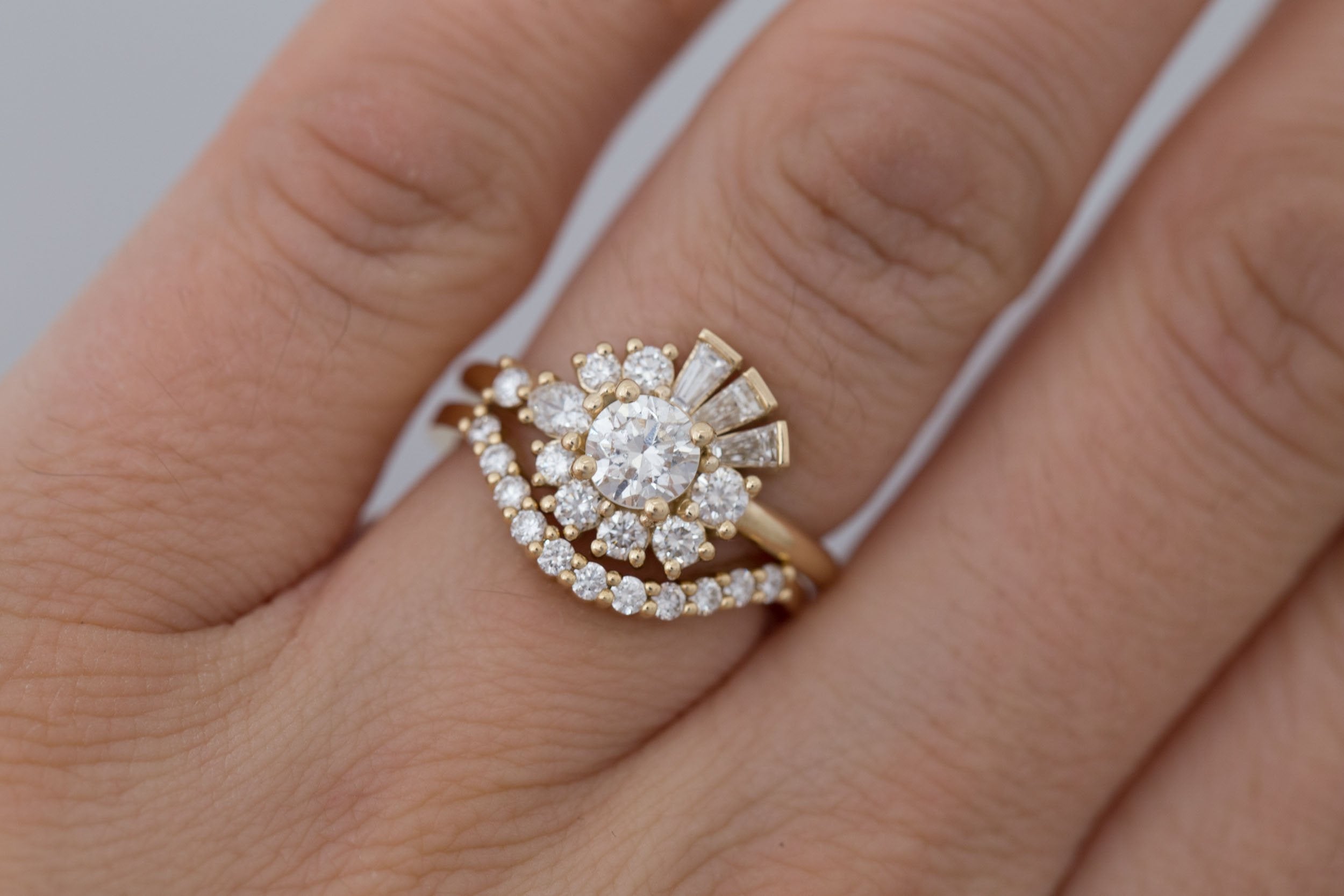 Nerine Ring | Transitional Cut Diamond + Diamond Cluster Engagement Ring 0.61 ct | 14k Recycled Gold