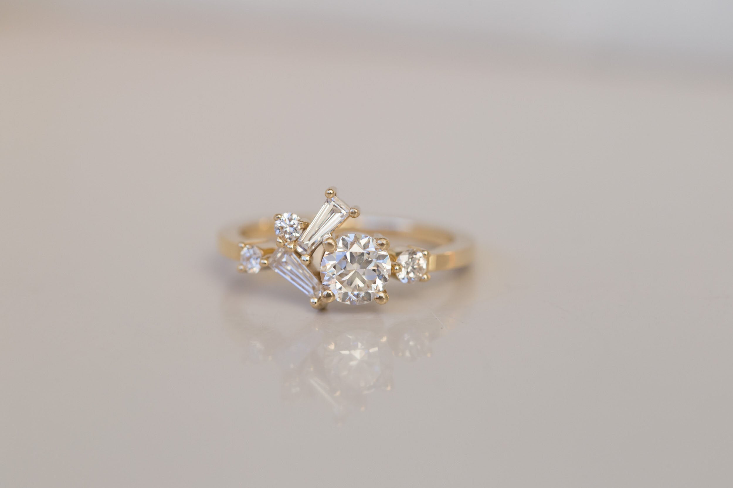 Rowan Ring | Old European Cut Diamond + Baguette and Round Diamond Cluster Engagement Ring | 14k Recycled Gold | Limited Edition