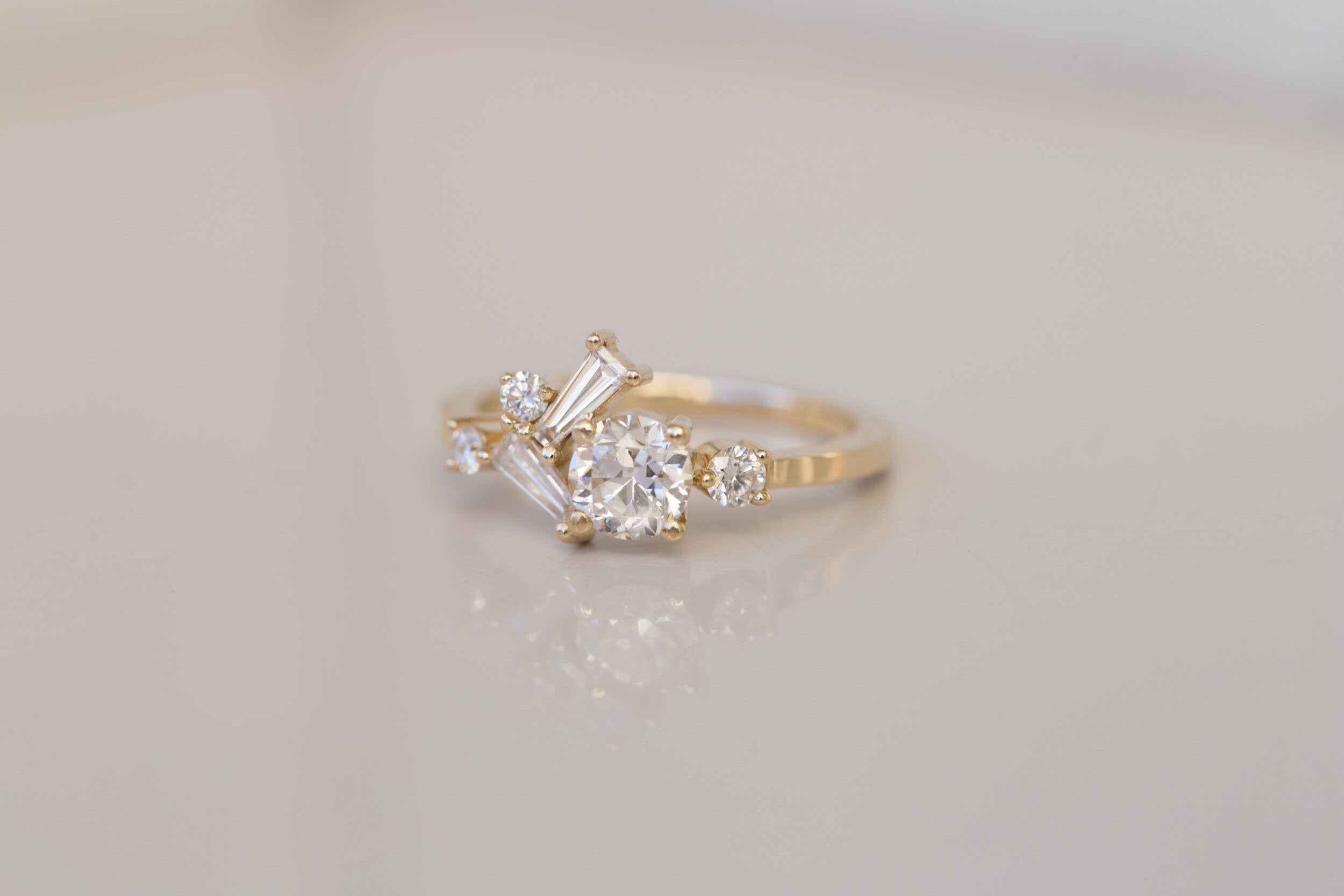 Rowan Ring | Old European Cut Diamond + Baguette and Round Diamond Cluster Engagement Ring | 14k Recycled Gold | Limited Edition
