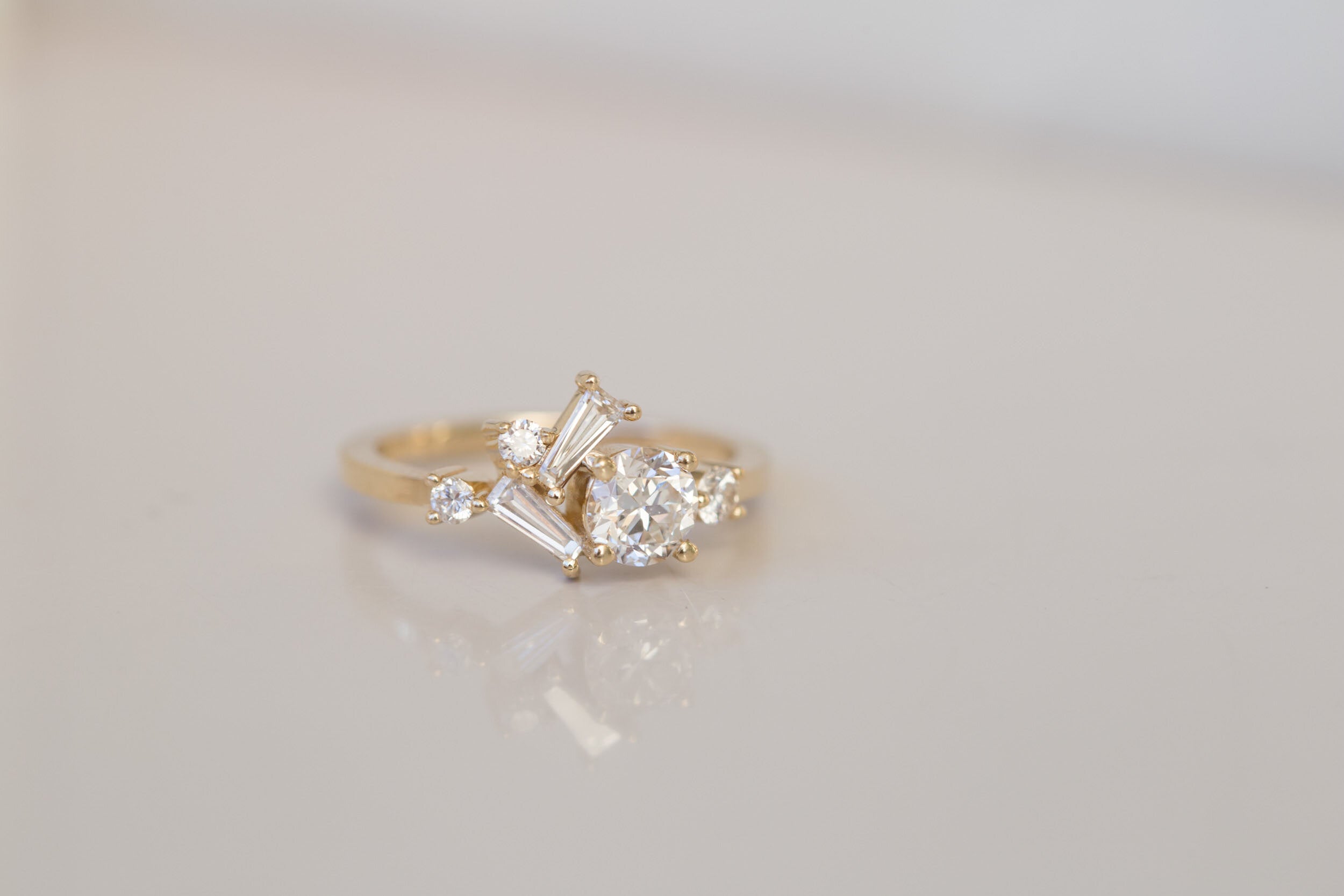 Rowan Ring | Old European Cut Diamond + Baguette and Round Diamond Cluster Engagement Ring | 14k Recycled Gold | Limited Edition