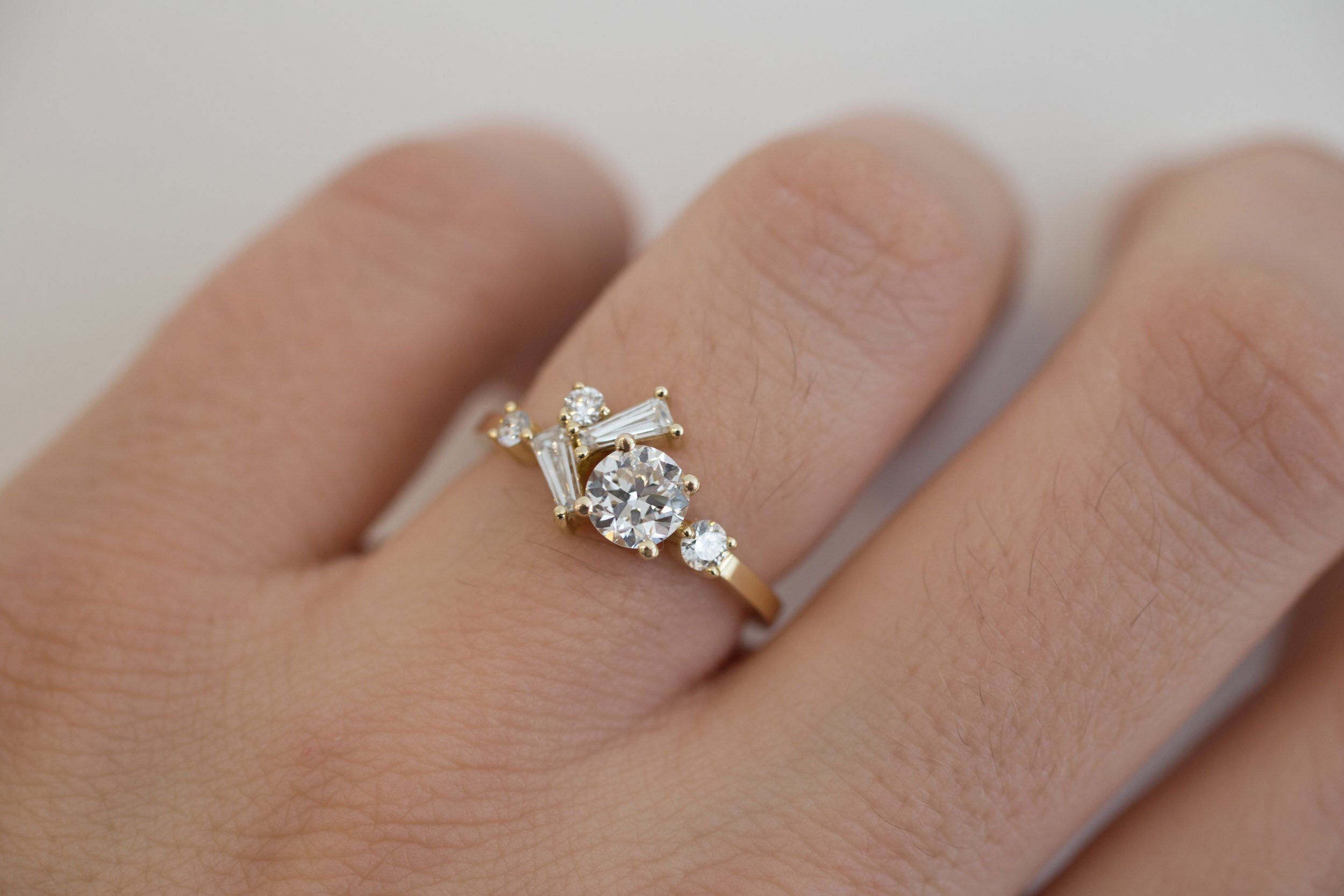 Rowan Ring | Old European Cut Diamond + Baguette and Round Diamond Cluster Engagement Ring | 14k Recycled Gold | Limited Edition