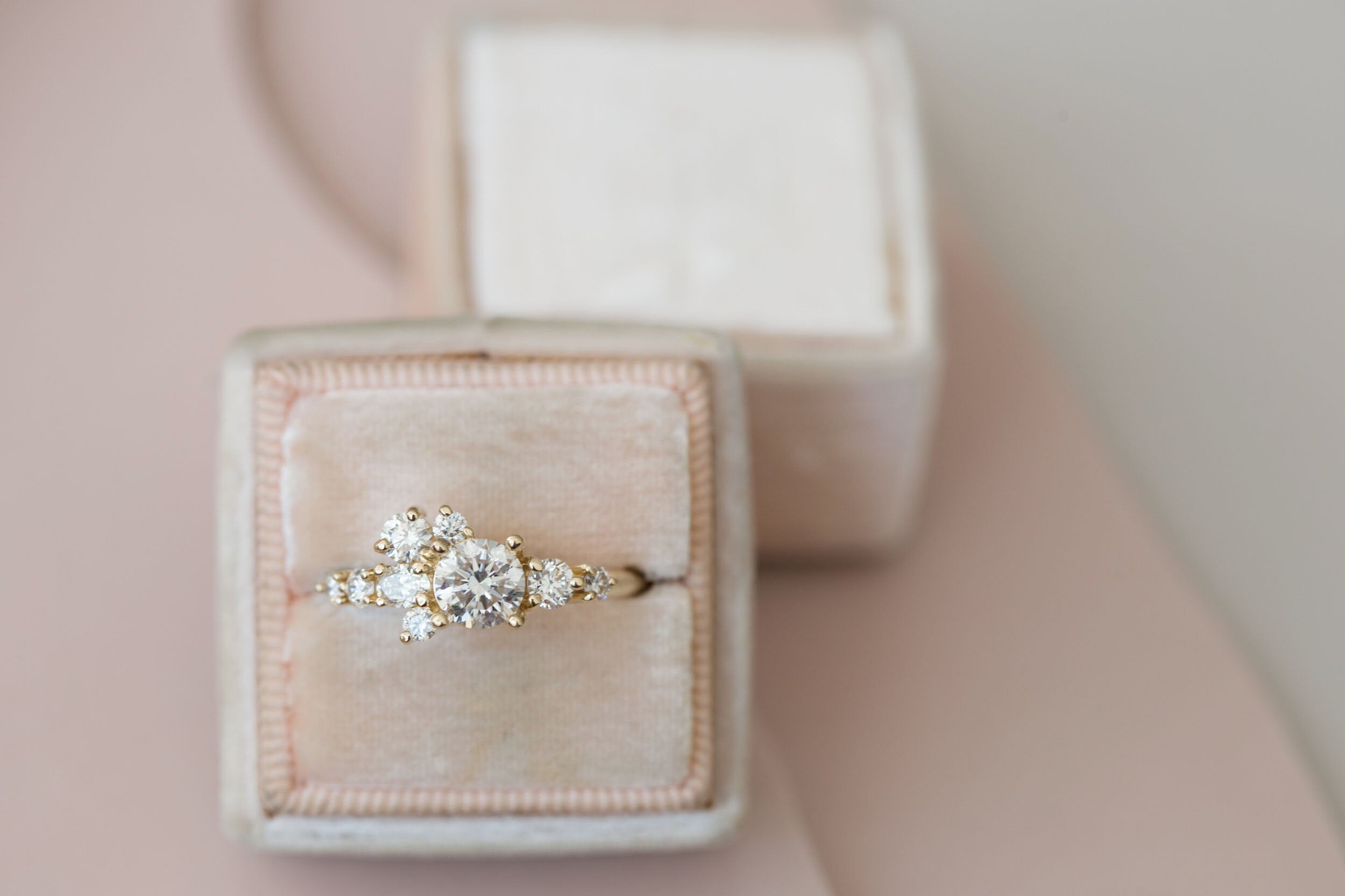 Ilia Ring | Round Brilliant Cut Diamond + Diamond Cluster Engagement Ring 0.70 ct | 14k Recycled Gold