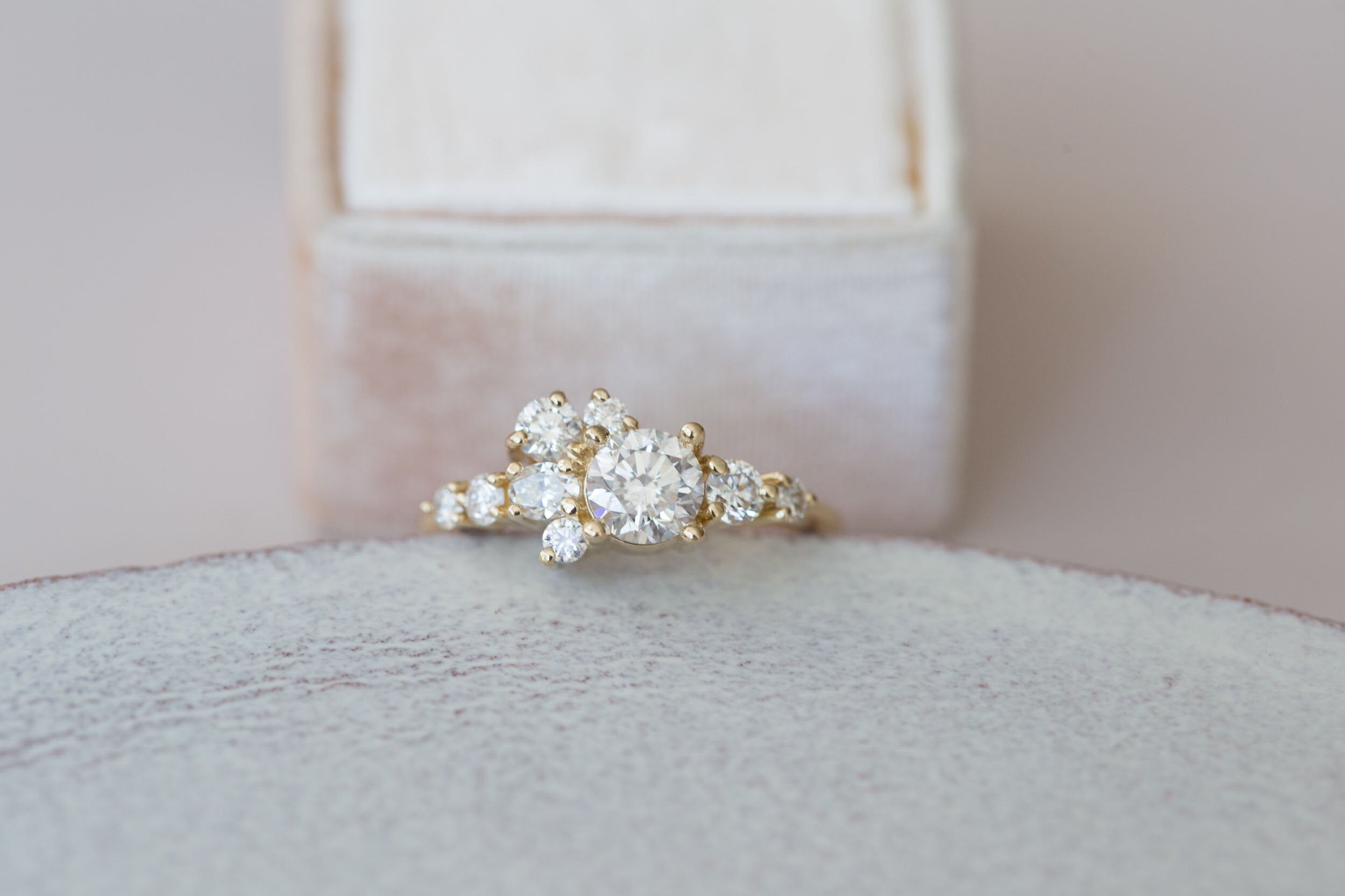 Ilia Ring | Round Brilliant Cut Diamond + Diamond Cluster Engagement Ring 0.70 ct | 14k Recycled Gold