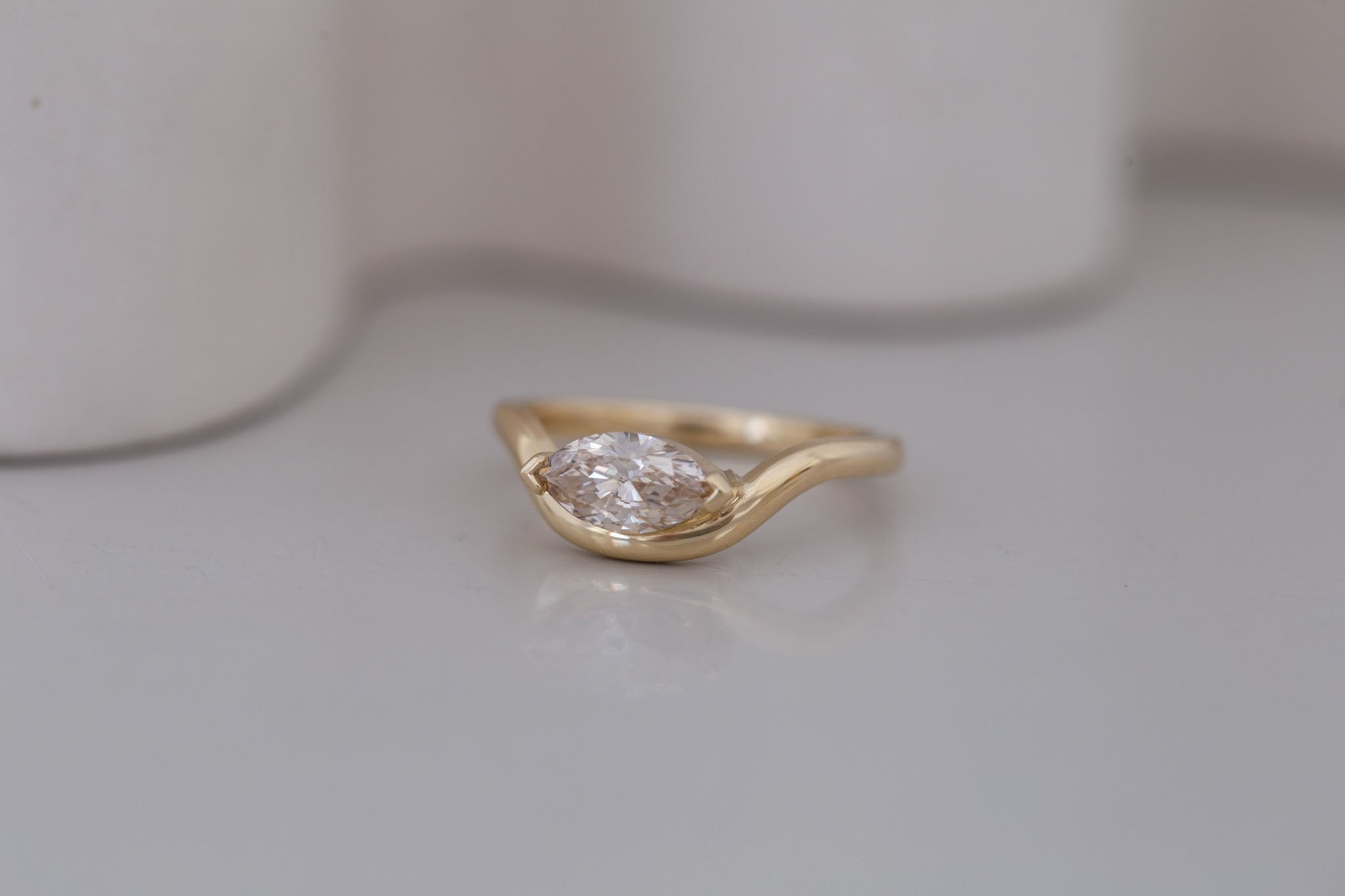 Rhodes Ring | Marquise Champagne Diamond Solitaire + Curved Band Engagement Ring 0.73 ct | 14k Recycled Gold | One of a Kind