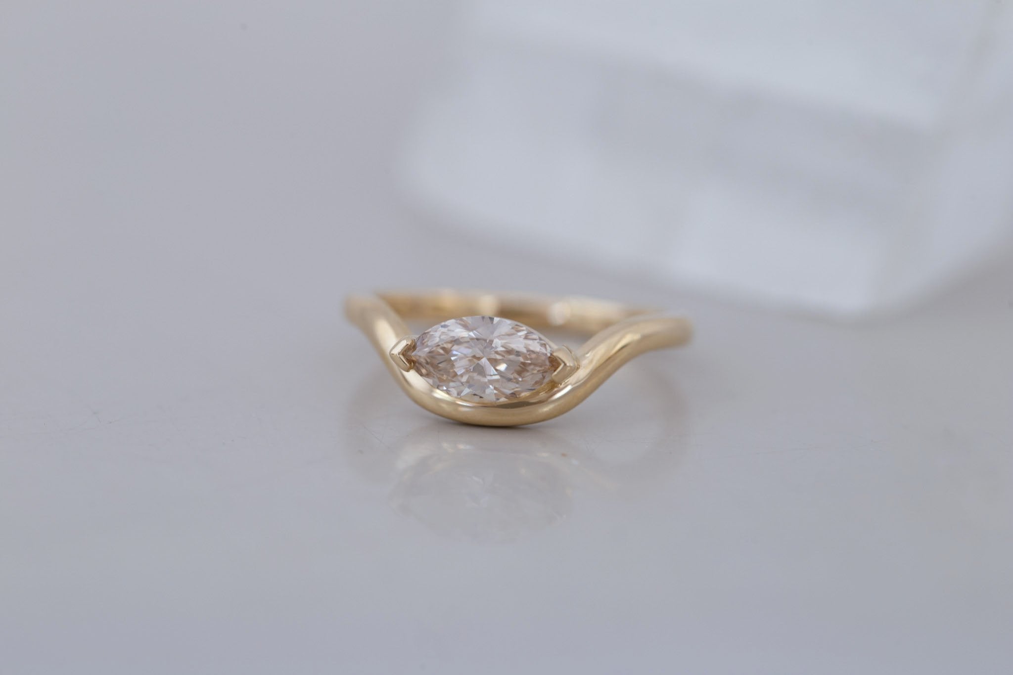 Rhodes Ring | Marquise Champagne Diamond Solitaire + Curved Band Engagement Ring 0.73 ct | 14k Recycled Gold | One of a Kind