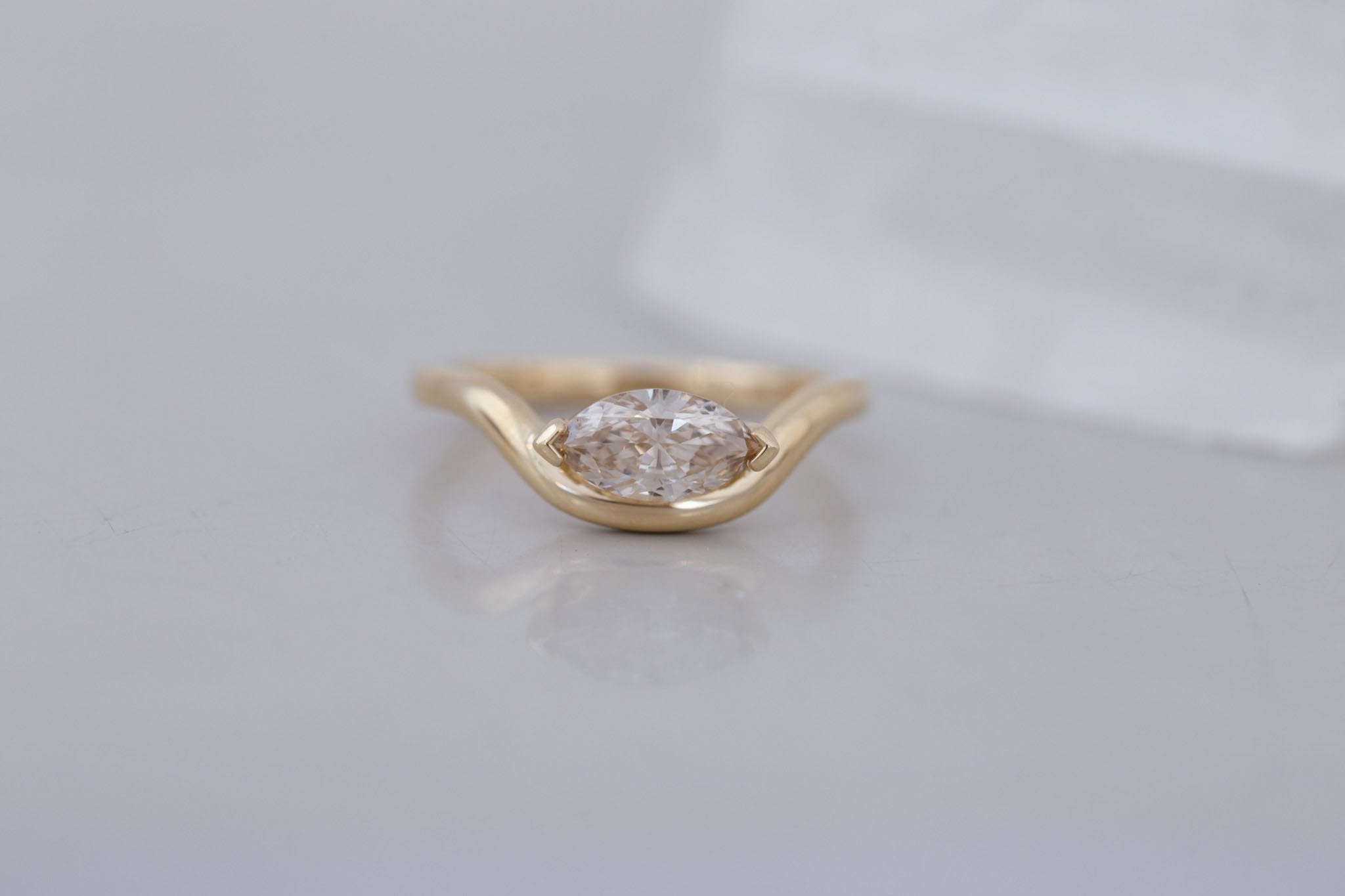 Rhodes Ring | Marquise Champagne Diamond Solitaire + Curved Band Engagement Ring 0.73 ct | 14k Recycled Gold | One of a Kind