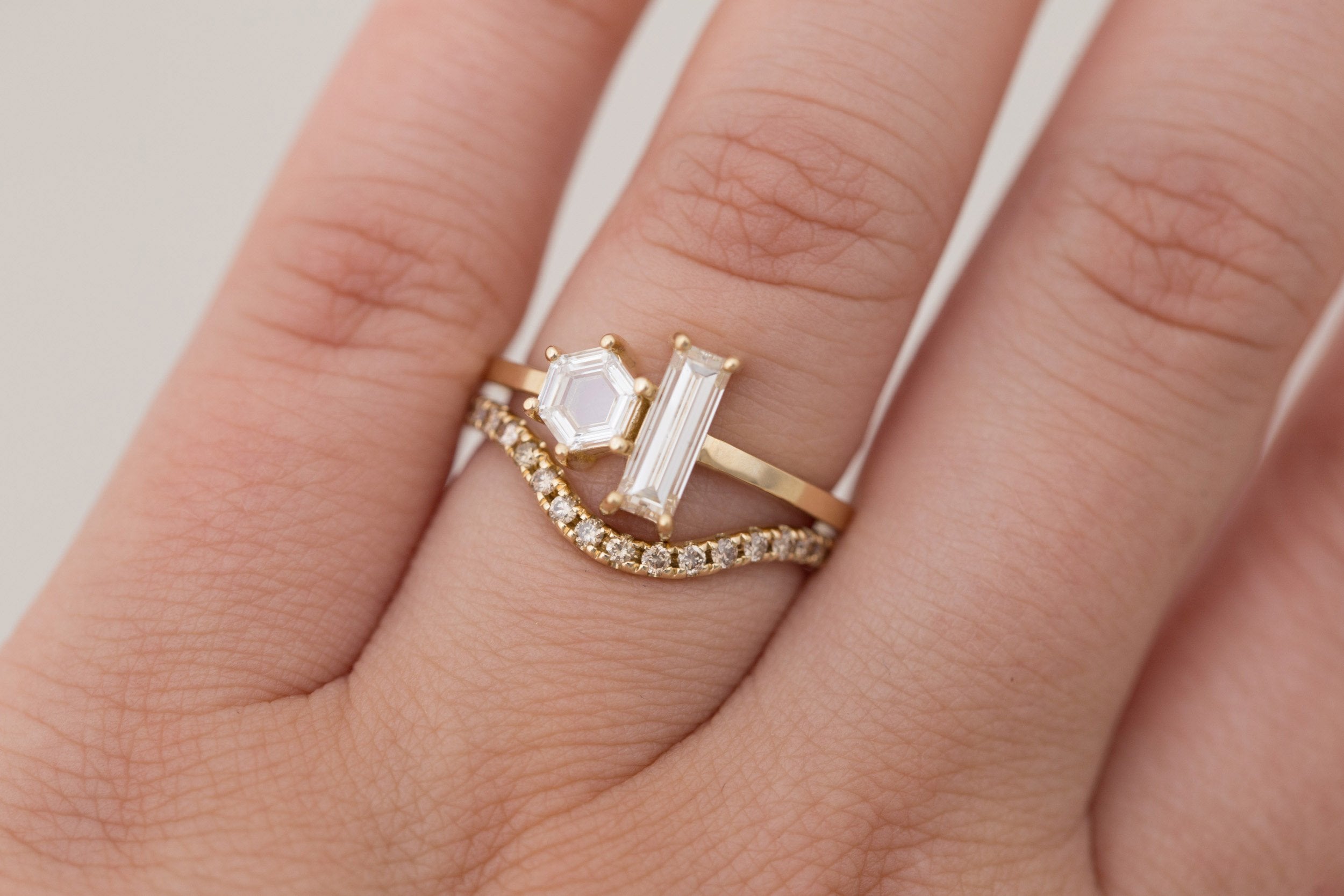 Liana Ring | Champagne Baguette Diamond + Hexagon Engagement Ring | 14k Recycled Gold | One of a Kind