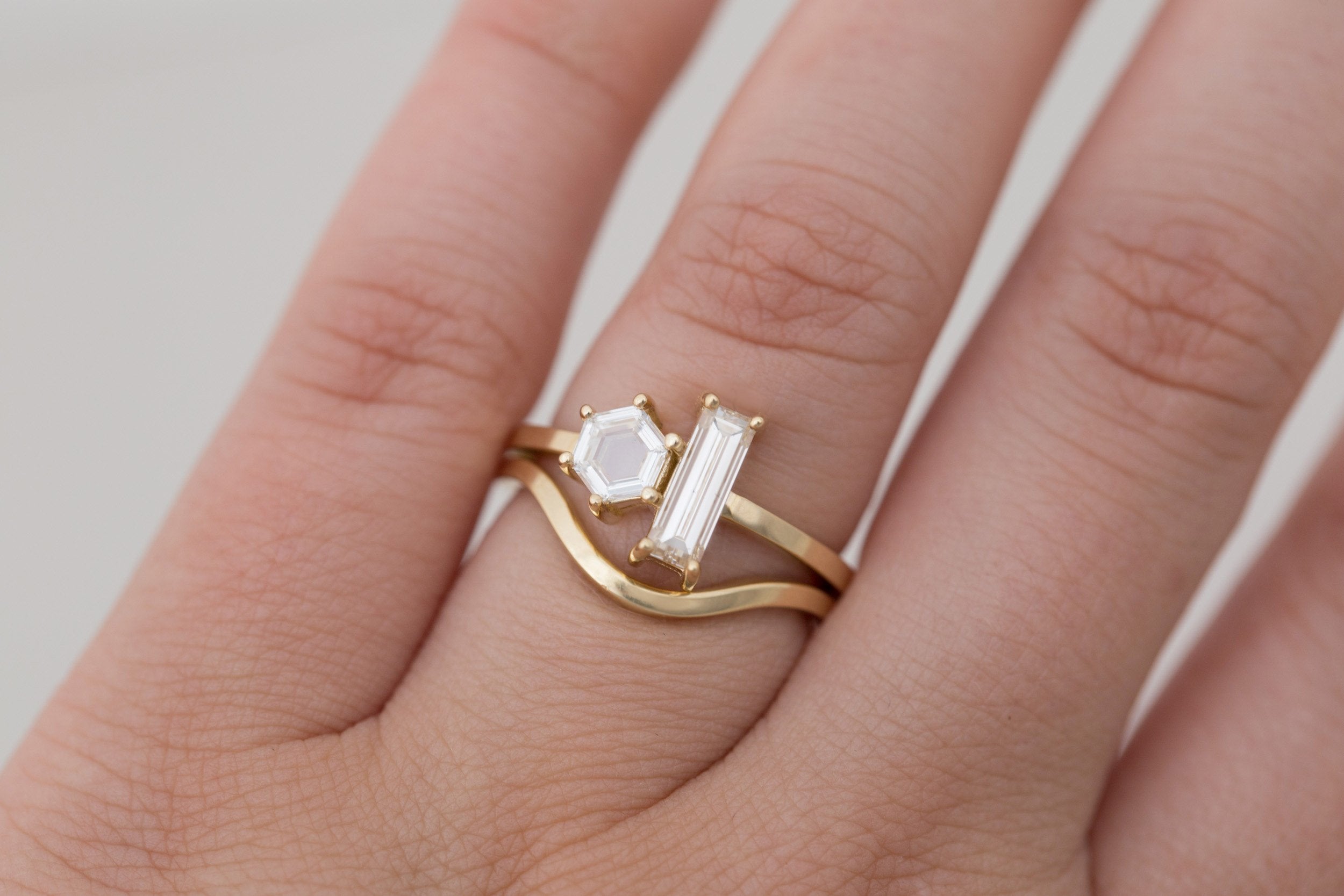 Liana Ring | Champagne Baguette Diamond + Hexagon Engagement Ring | 14k Recycled Gold | One of a Kind
