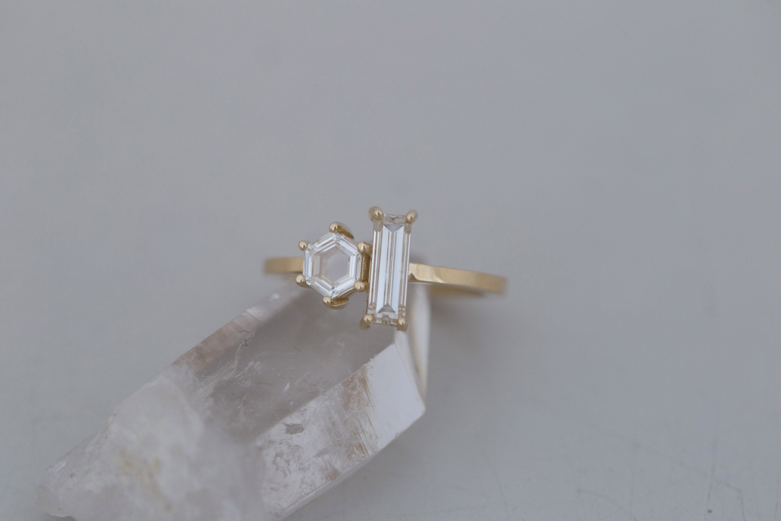 Liana Ring | Champagne Baguette Diamond + Hexagon Engagement Ring | 14k Recycled Gold | One of a Kind