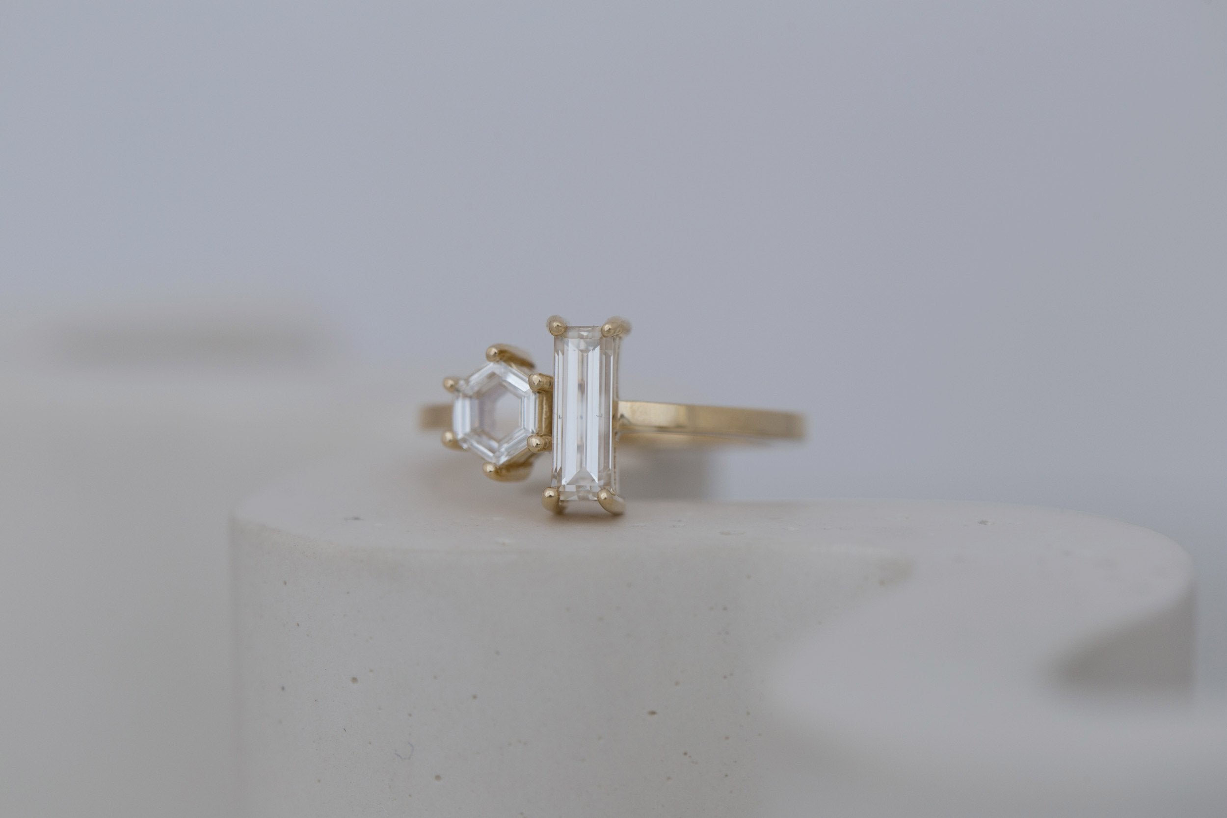 Liana Ring | Champagne Baguette Diamond + Hexagon Engagement Ring | 14k Recycled Gold | One of a Kind