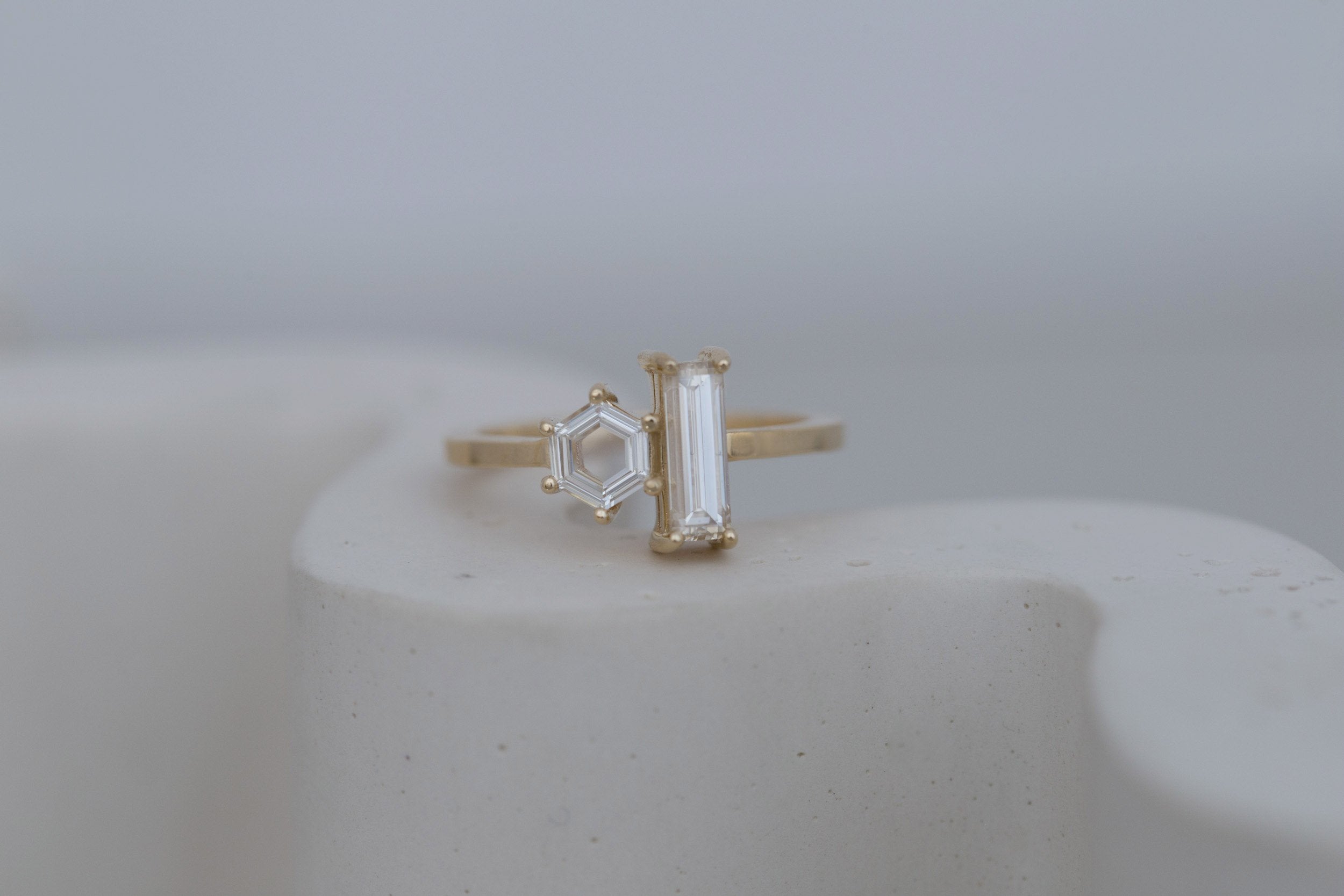 Liana Ring | Champagne Baguette Diamond + Hexagon Engagement Ring | 14k Recycled Gold | One of a Kind