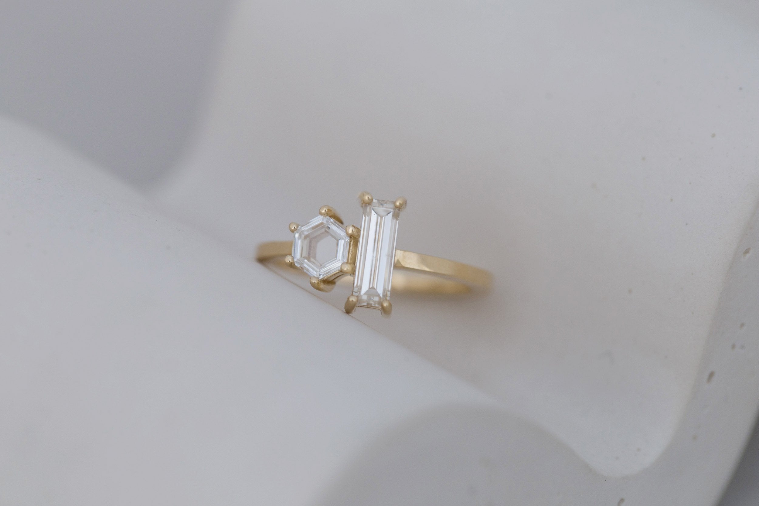 Liana Ring | Champagne Baguette Diamond + Hexagon Engagement Ring | 14k Recycled Gold | One of a Kind