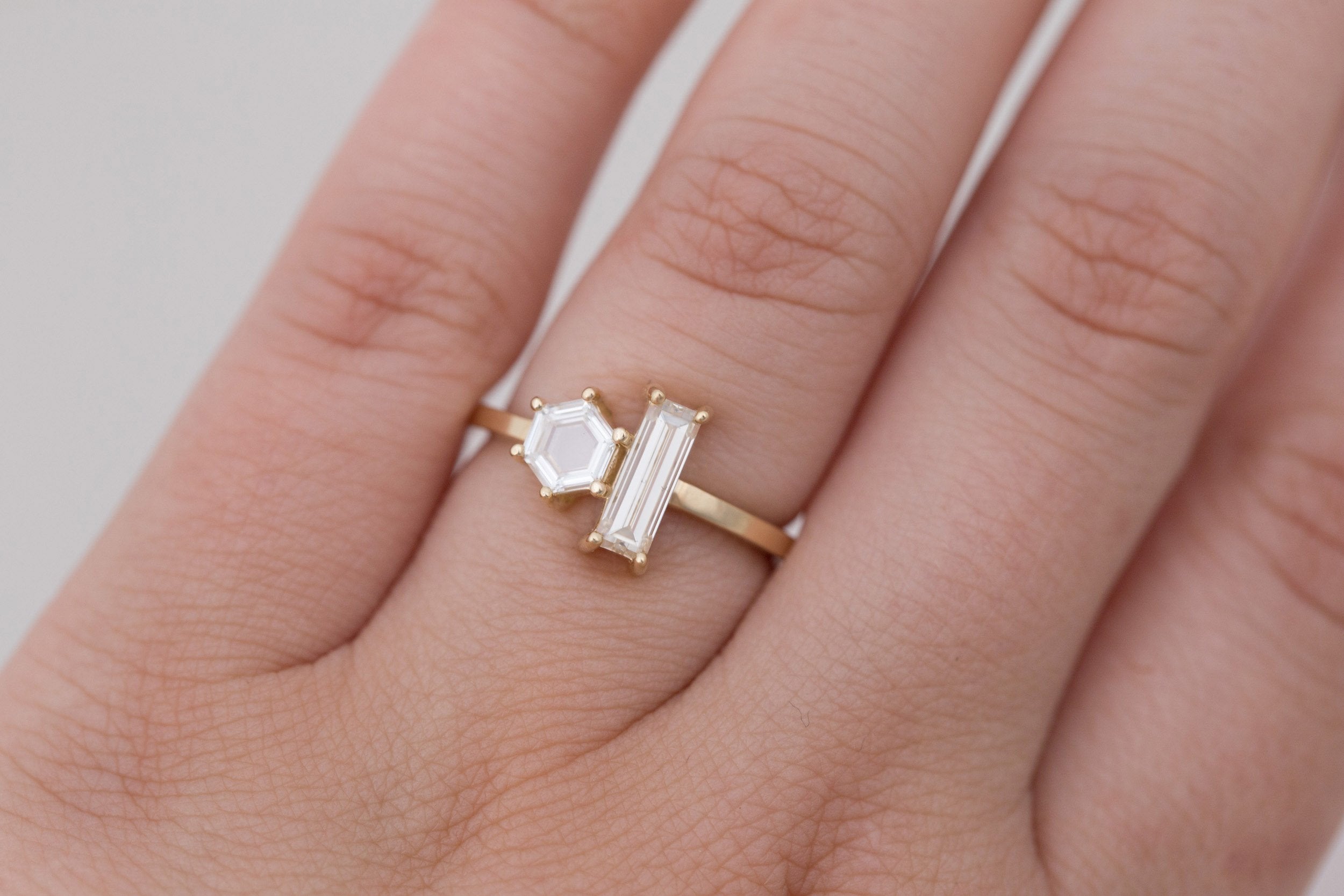 Liana Ring | Champagne Baguette Diamond + Hexagon Engagement Ring | 14k Recycled Gold | One of a Kind