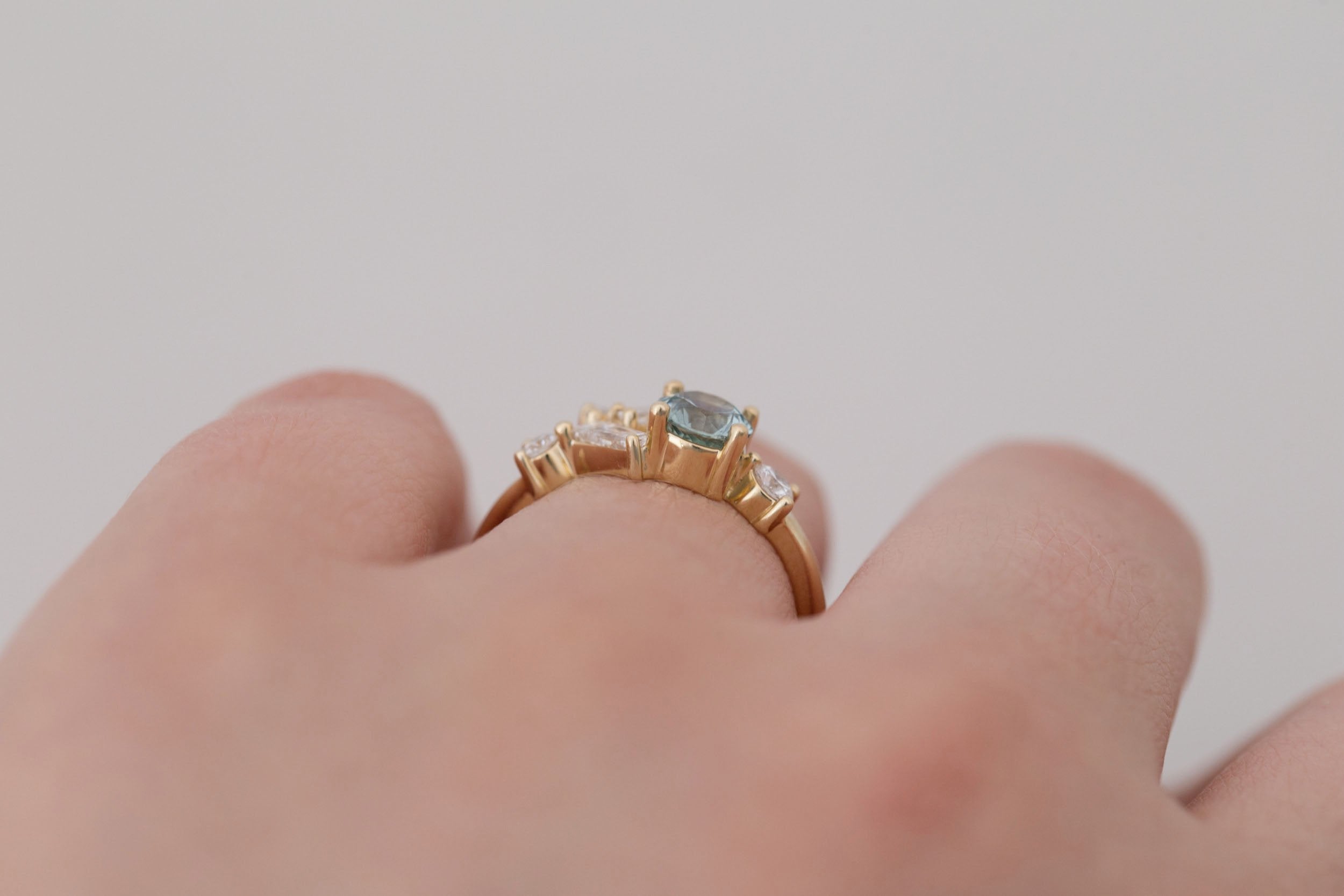Rowan Ring | Mint Montana Sapphire + Diamond Cluster Engagement Ring 0.79 ct | 14k Recycled Gold | One of a Kind
