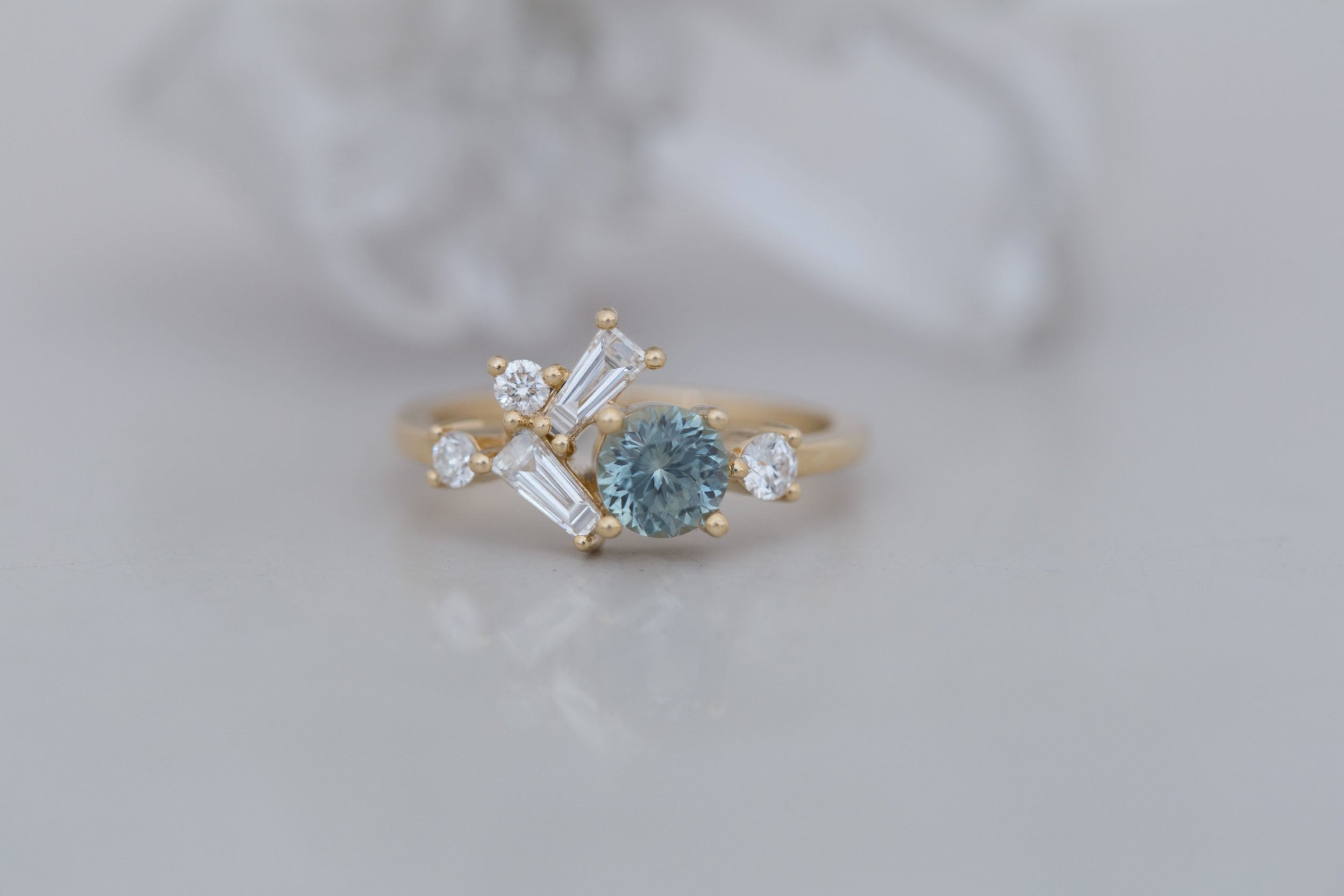 Rowan Ring | Mint Montana Sapphire + Diamond Cluster Engagement Ring 0.79 ct | 14k Recycled Gold | One of a Kind