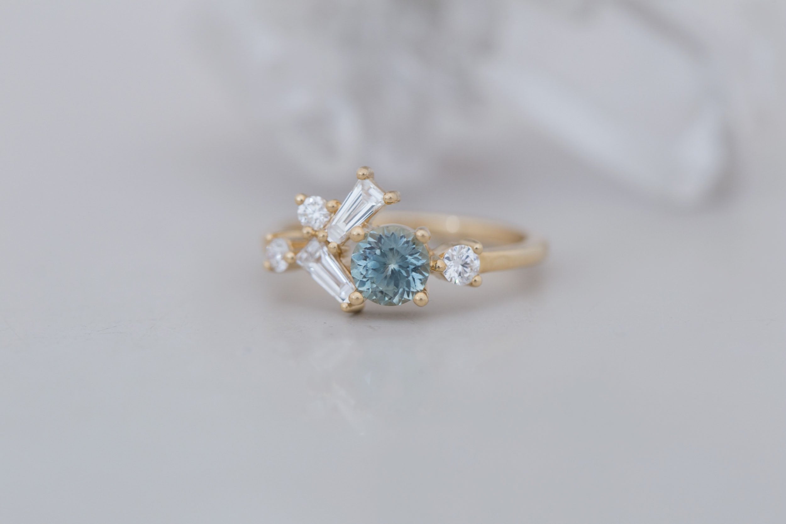 Rowan Ring | Mint Montana Sapphire + Diamond Cluster Engagement Ring 0.79 ct | 14k Recycled Gold | One of a Kind