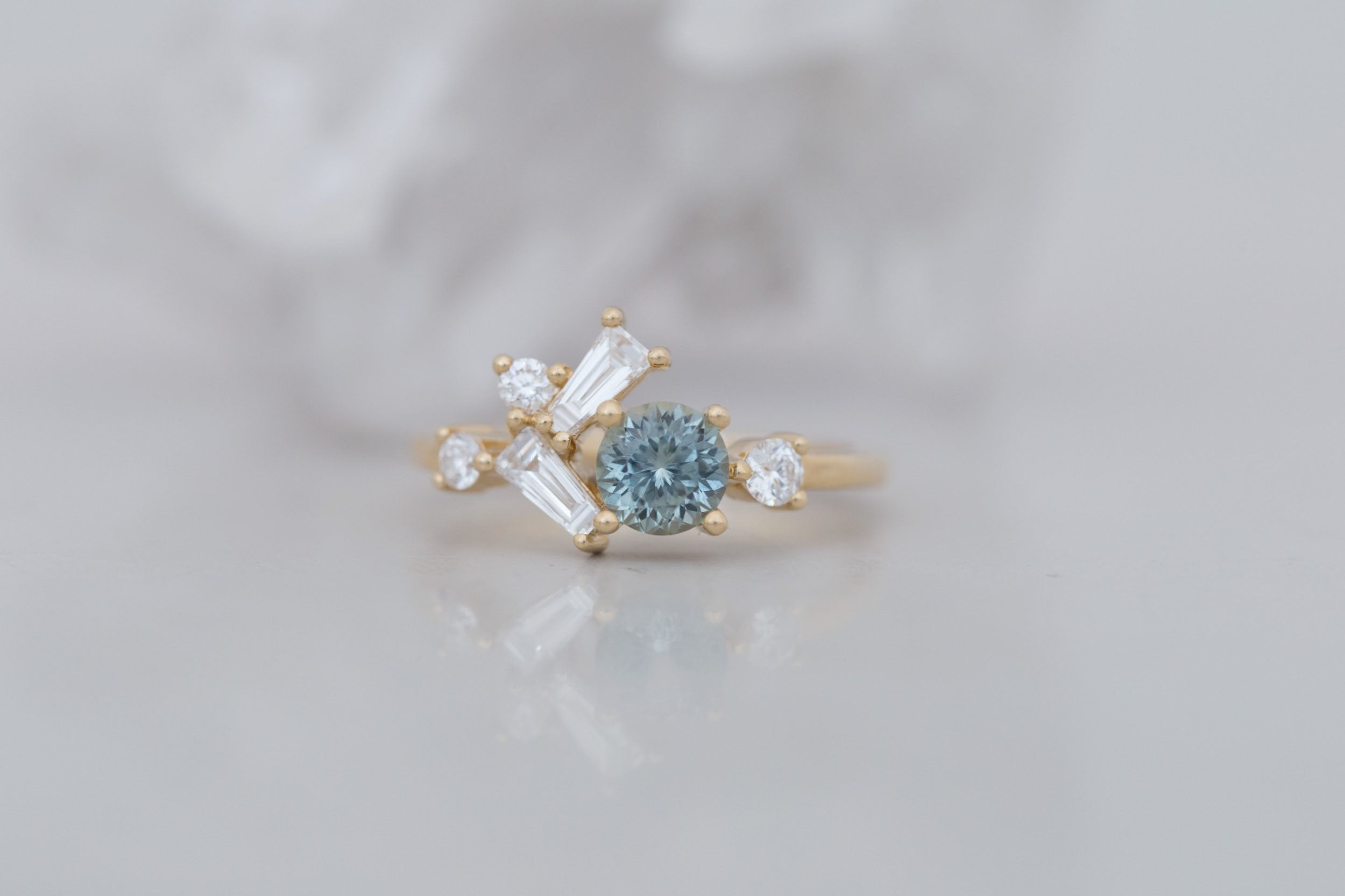 Rowan Ring | Mint Montana Sapphire + Diamond Cluster Engagement Ring 0.79 ct | 14k Recycled Gold | One of a Kind