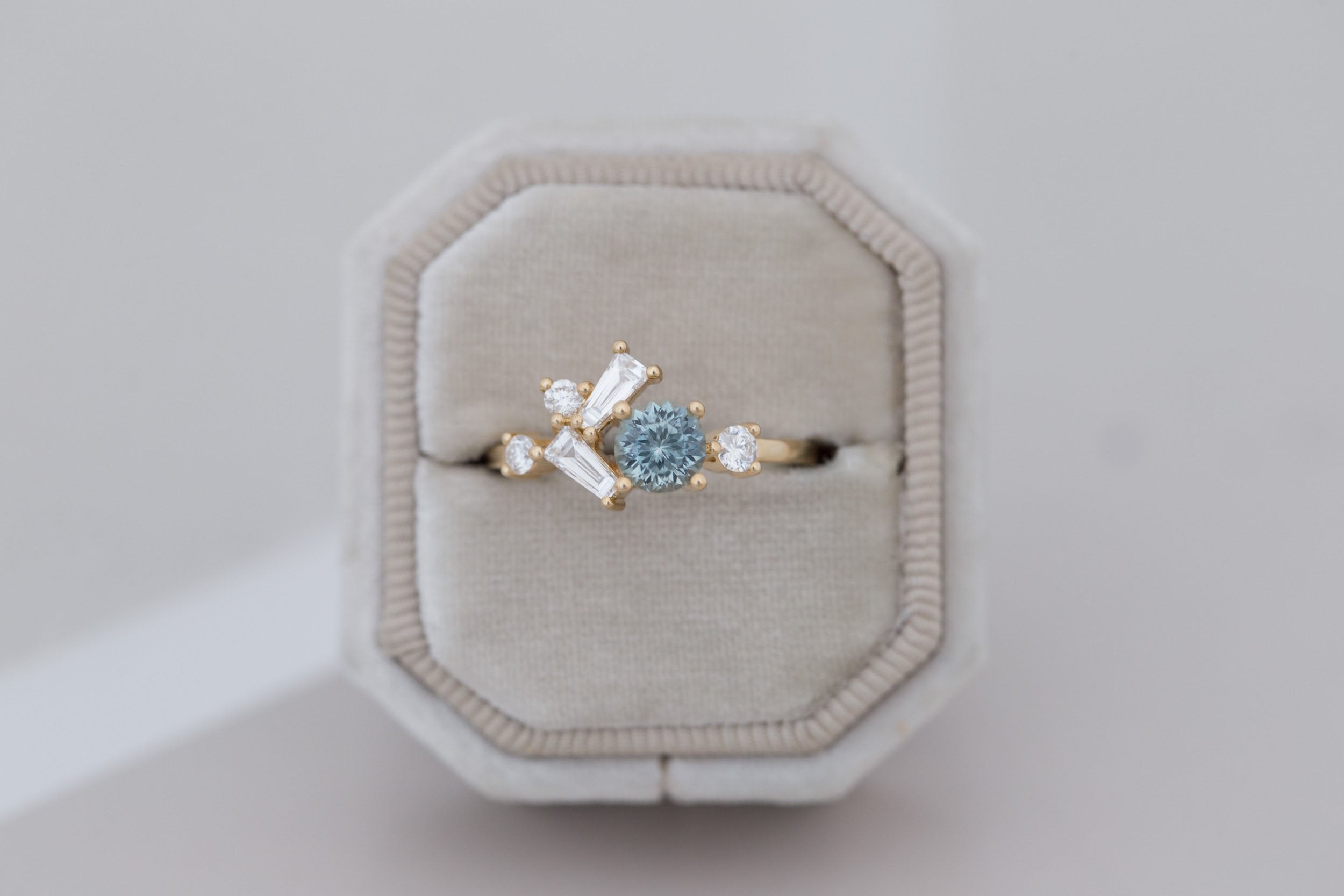 Rowan Ring | Mint Montana Sapphire + Diamond Cluster Engagement Ring 0.79 ct | 14k Recycled Gold | One of a Kind