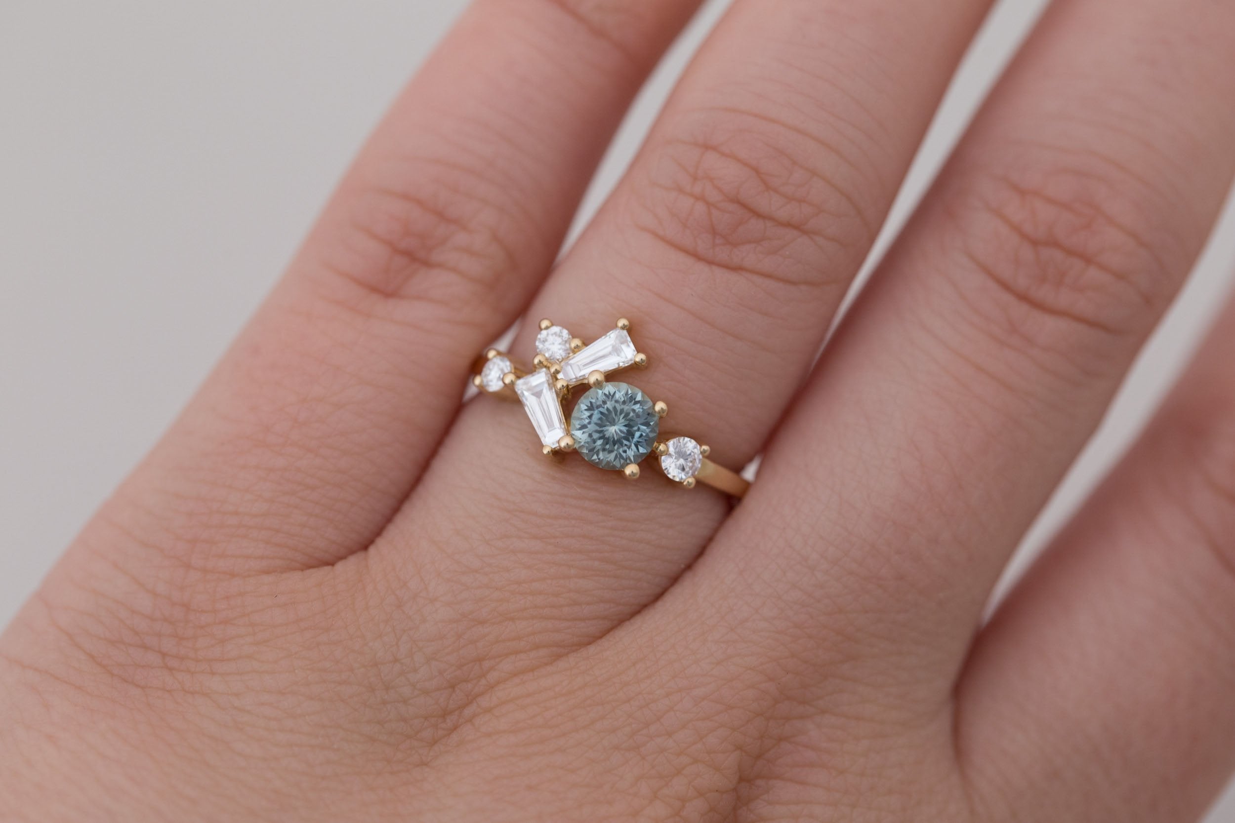Rowan Ring | Mint Montana Sapphire + Diamond Cluster Engagement Ring 0.79 ct | 14k Recycled Gold | One of a Kind