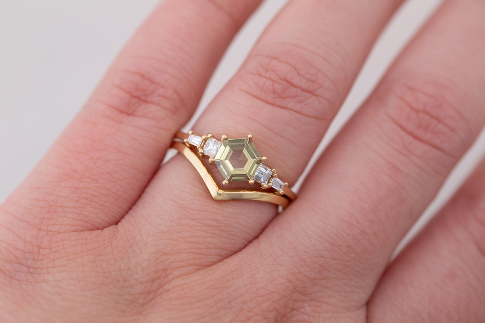 Mira Ring | Olive Hexagon Sapphire + Diamond Step Cut Accent Engagement Ring 0.79 ct | 14k Recycled Gold | One of a Kind