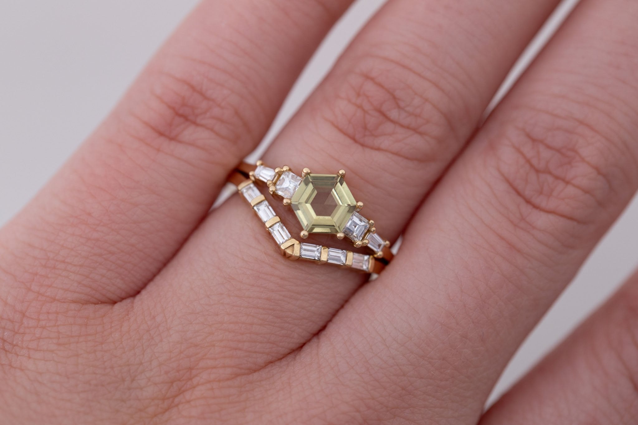 Mira Ring | Olive Hexagon Sapphire + Diamond Step Cut Accent Engagement Ring 0.79 ct | 14k Recycled Gold | One of a Kind