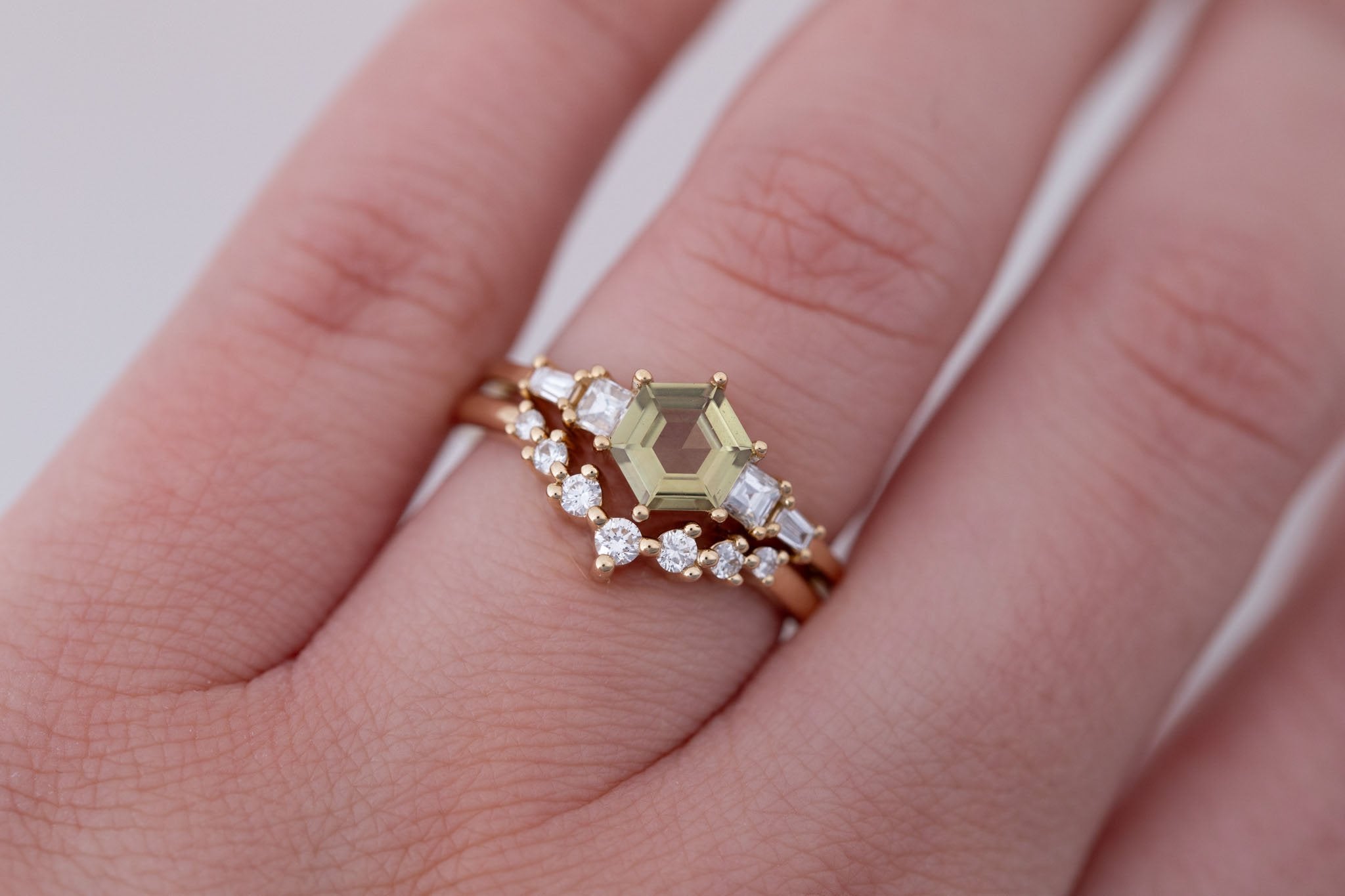 Mira Ring | Olive Hexagon Sapphire + Diamond Step Cut Accent Engagement Ring 0.79 ct | 14k Recycled Gold | One of a Kind