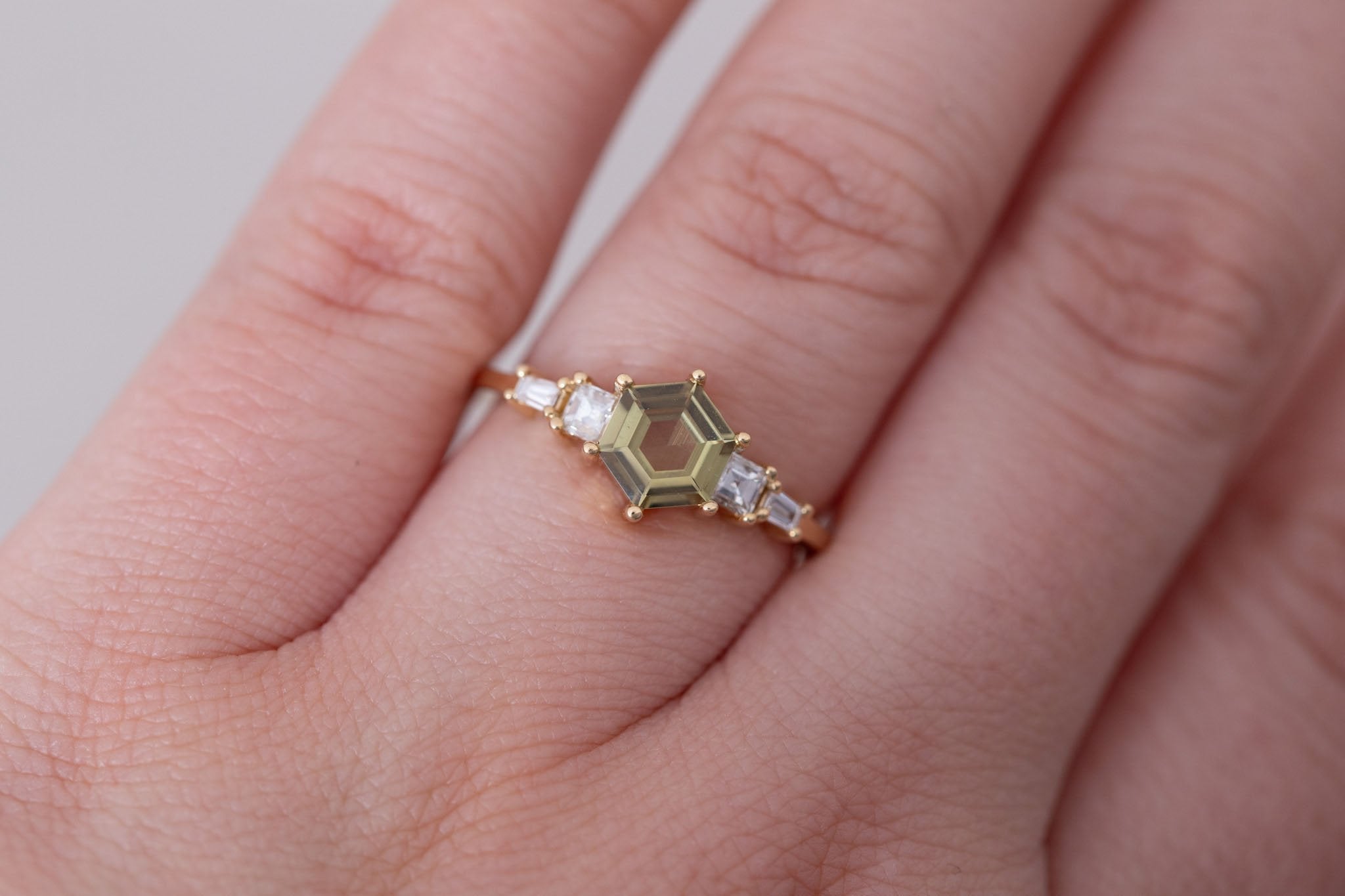 Mira Ring | Olive Hexagon Sapphire + Diamond Step Cut Accent Engagement Ring 0.79 ct | 14k Recycled Gold | One of a Kind