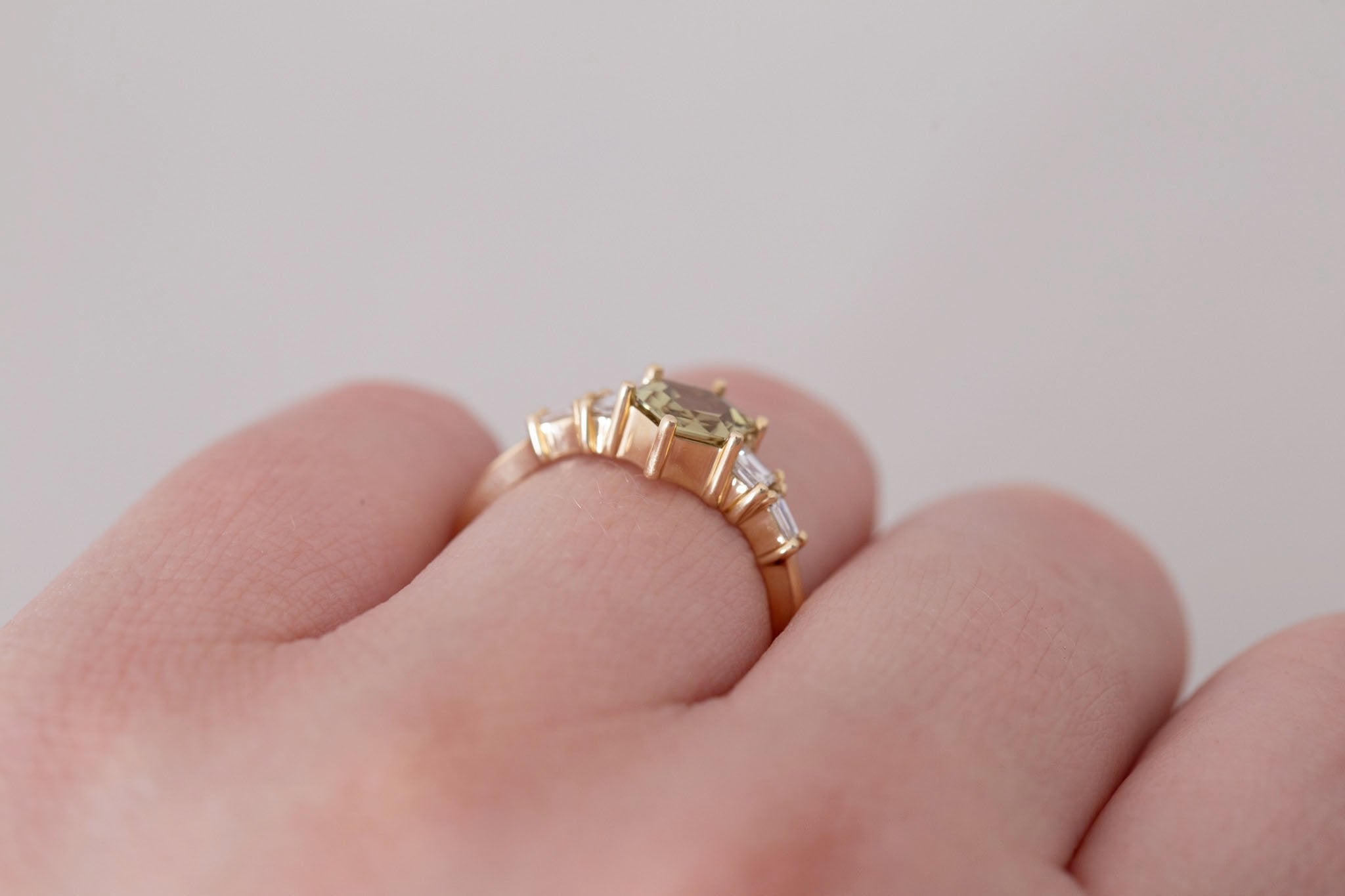 Mira Ring | Olive Hexagon Sapphire + Diamond Step Cut Accent Engagement Ring 0.79 ct | 14k Recycled Gold | One of a Kind