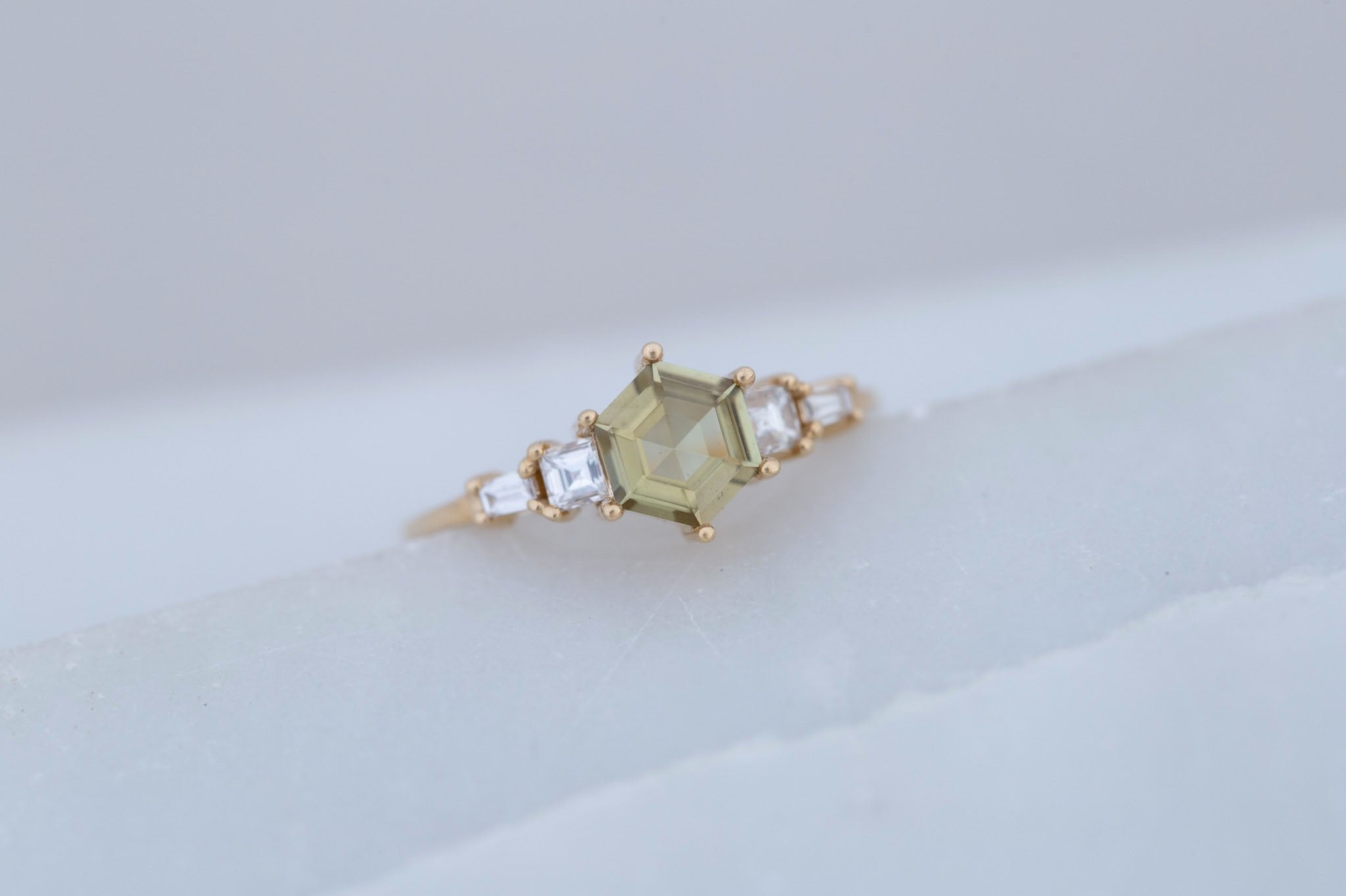 Mira Ring | Olive Hexagon Sapphire + Diamond Step Cut Accent Engagement Ring 0.79 ct | 14k Recycled Gold | One of a Kind