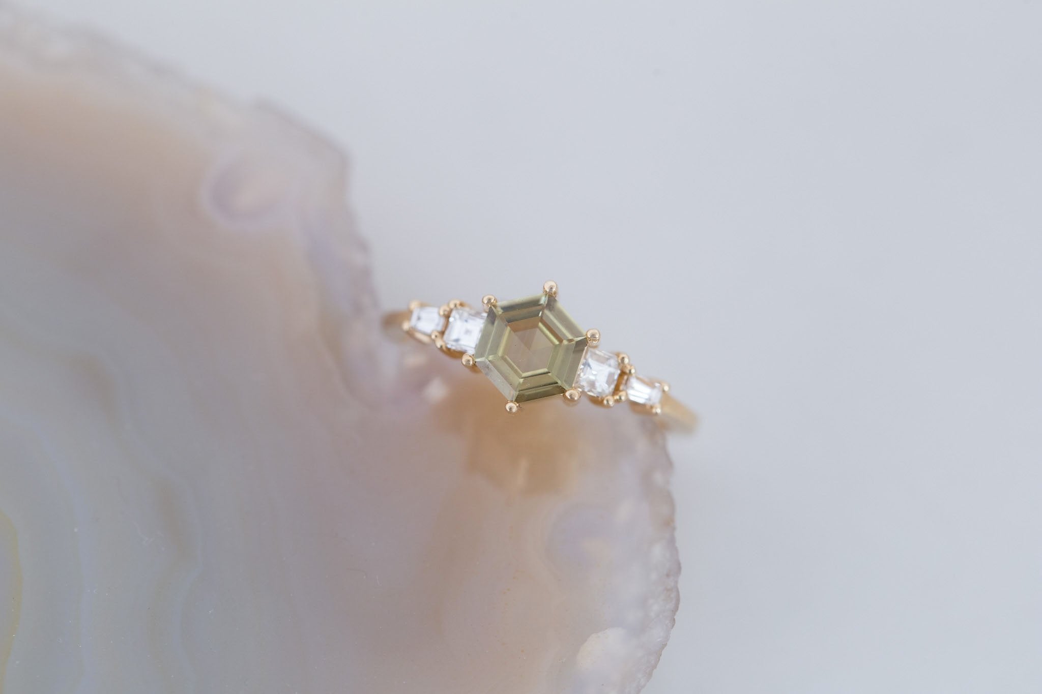 Mira Ring | Olive Hexagon Sapphire + Diamond Step Cut Accent Engagement Ring 0.79 ct | 14k Recycled Gold | One of a Kind