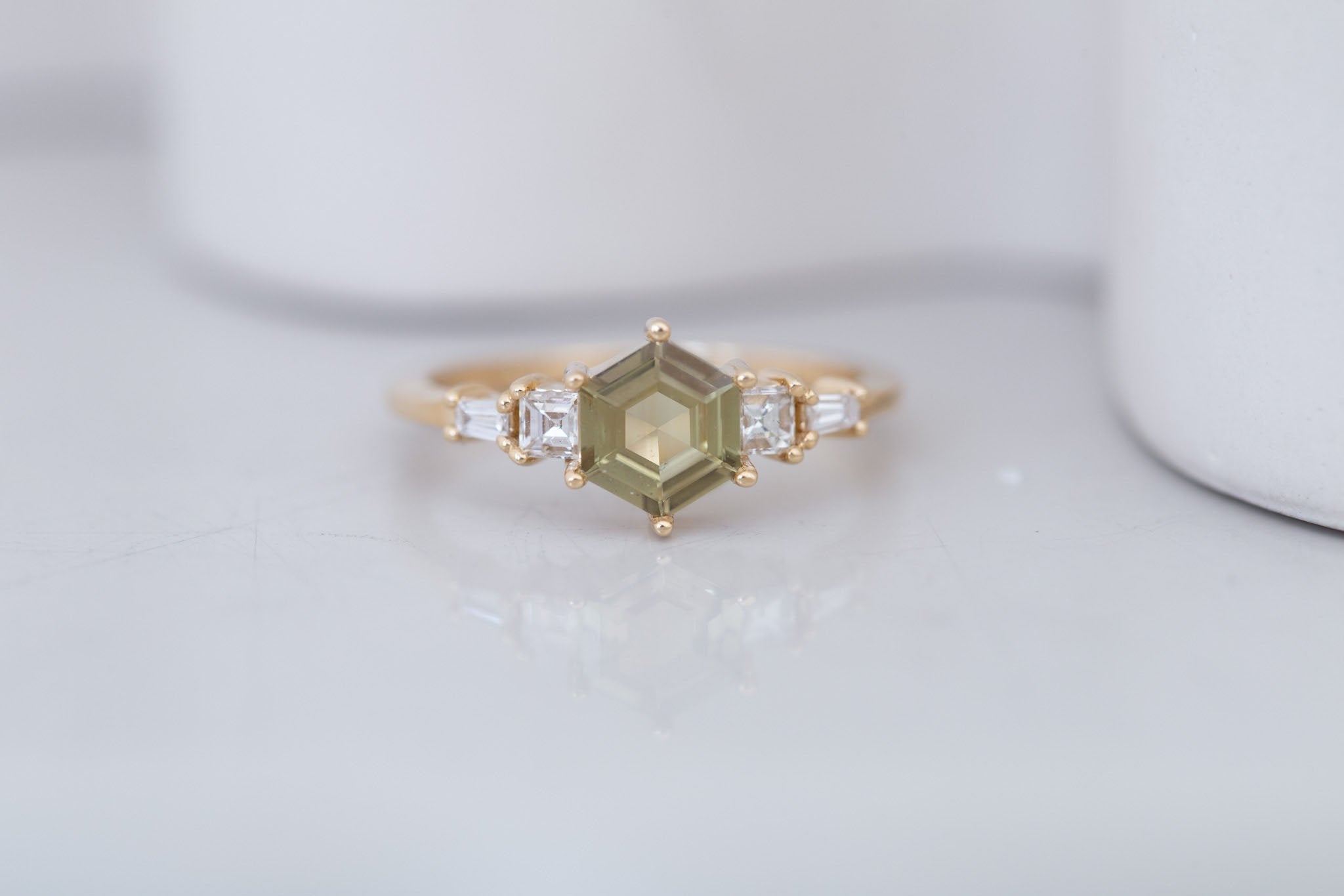 Mira Ring | Olive Hexagon Sapphire + Diamond Step Cut Accent Engagement Ring 0.79 ct | 14k Recycled Gold | One of a Kind