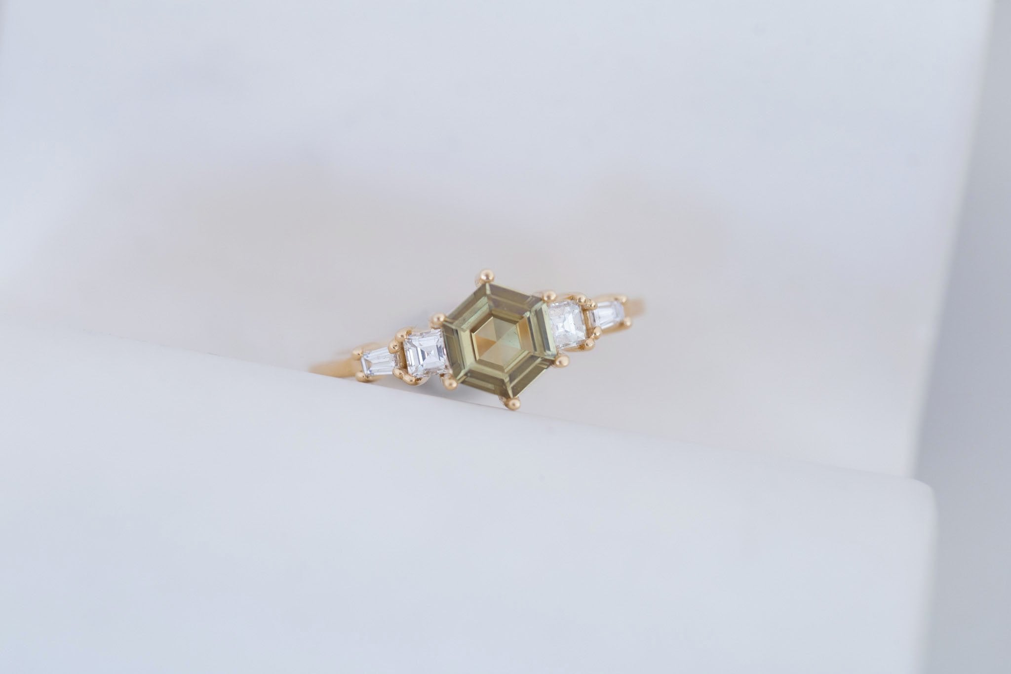 Mira Ring | Olive Hexagon Sapphire + Diamond Step Cut Accent Engagement Ring 0.79 ct | 14k Recycled Gold | One of a Kind