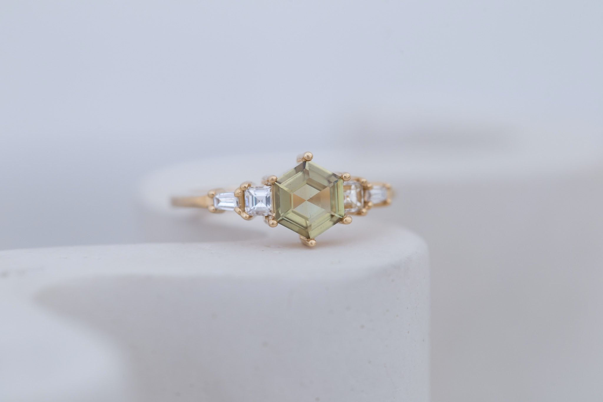 Mira Ring | Olive Hexagon Sapphire + Diamond Step Cut Accent Engagement Ring 0.79 ct | 14k Recycled Gold | One of a Kind