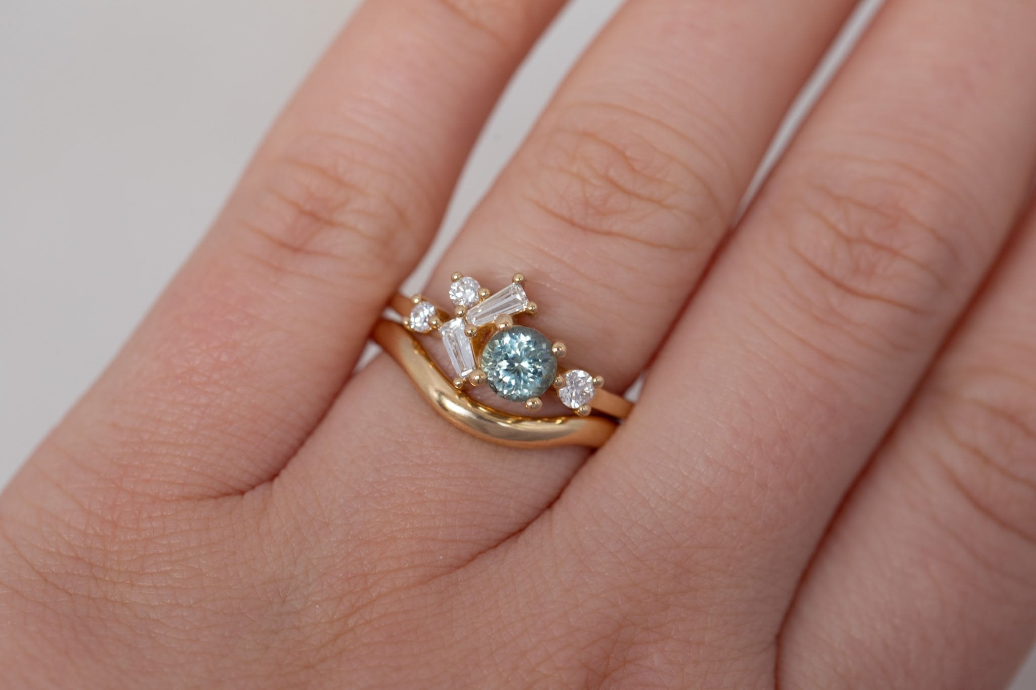 Rowan Ring | Mint Montana Sapphire + Diamond Cluster Engagement Ring 0.81 ct | 14k Recycled Gold | One of a Kind