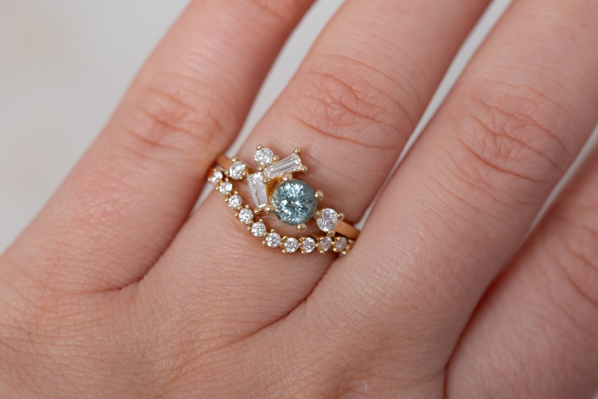 Rowan Ring | Mint Montana Sapphire + Diamond Cluster Engagement Ring 0.81 ct | 14k Recycled Gold | One of a Kind